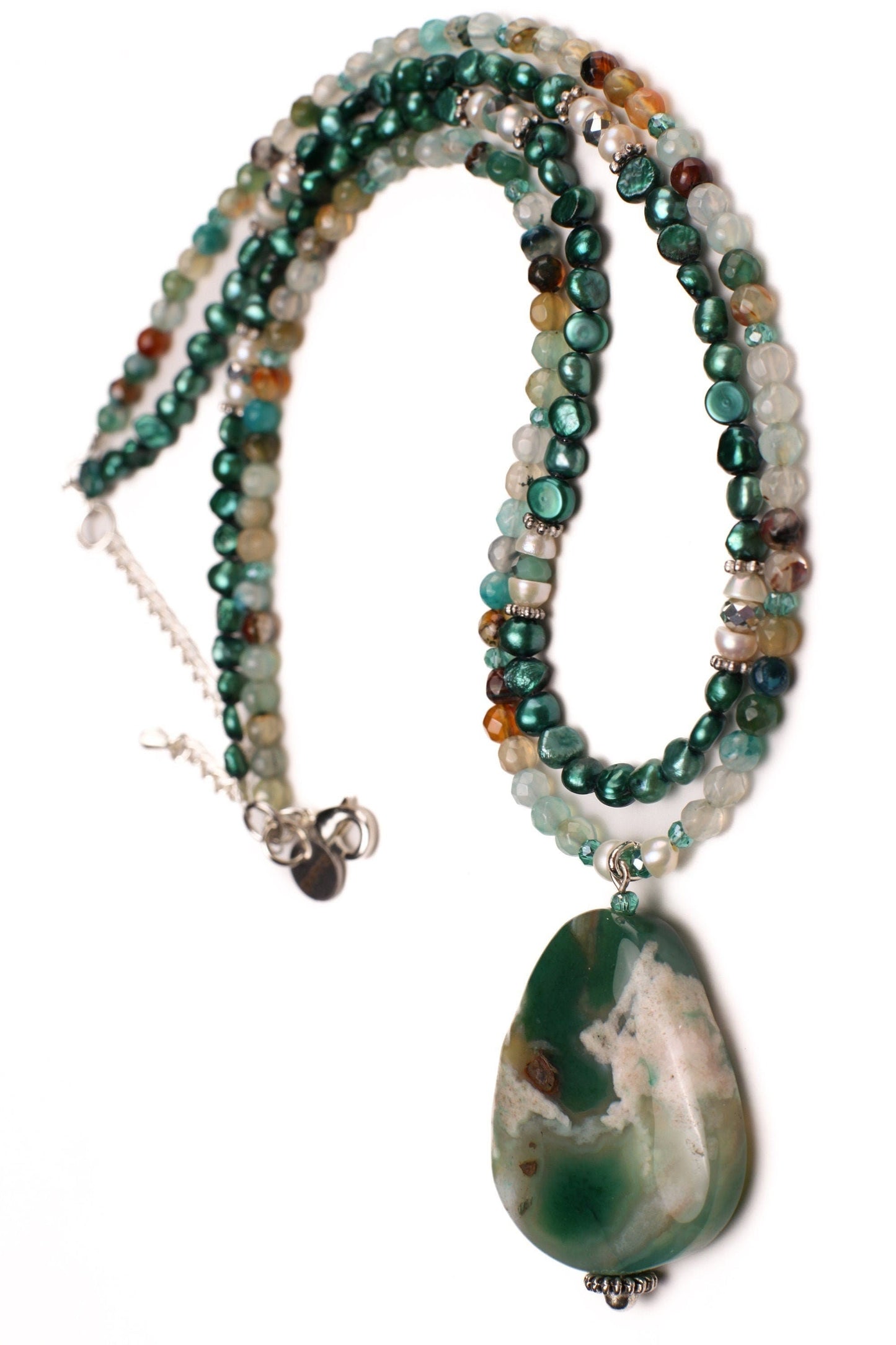 Japanese Blossom Flower Agate Pendant, Matching Freshwater Pearl and Fire Agate 18" plus 3” Extension Statement Necklace, Beautiful Gift
