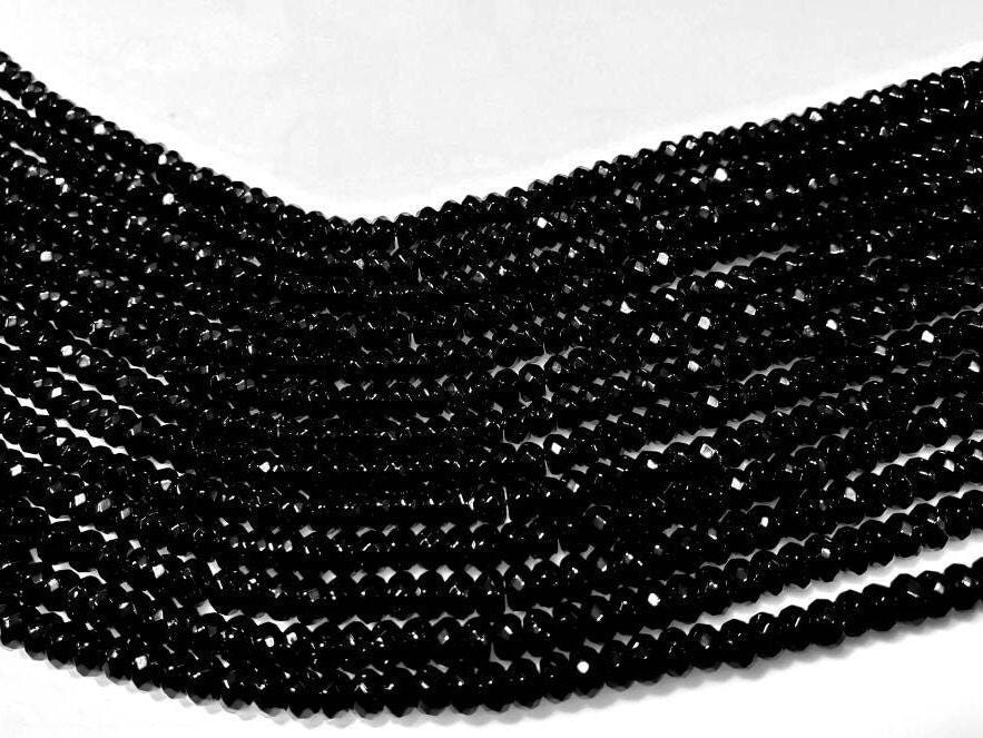 Black Onyx 4mm Faceted Rondelle, Jewelry Making Natural Black Onyx Gemstone Beads 14.5" Strand