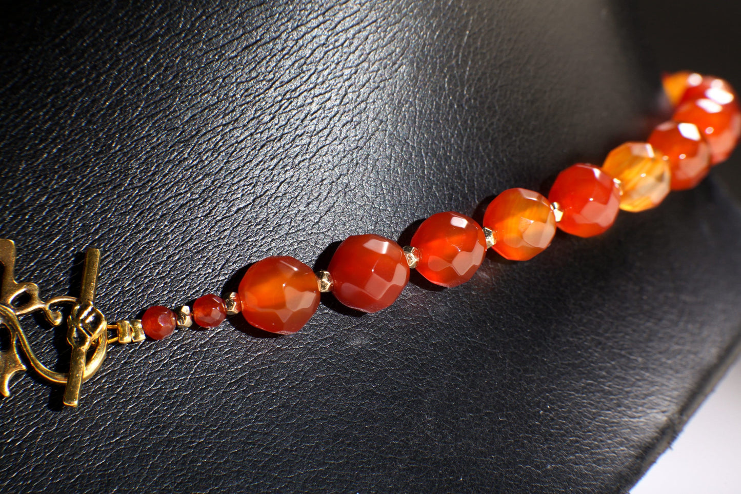 Carnelian Necklace, Natural Carnelian Faceted with Dangling Fire Agate Oval Pendant, Antiqued Gold Fancy Leaf Toggle Clasp,Gift 20" Necklace