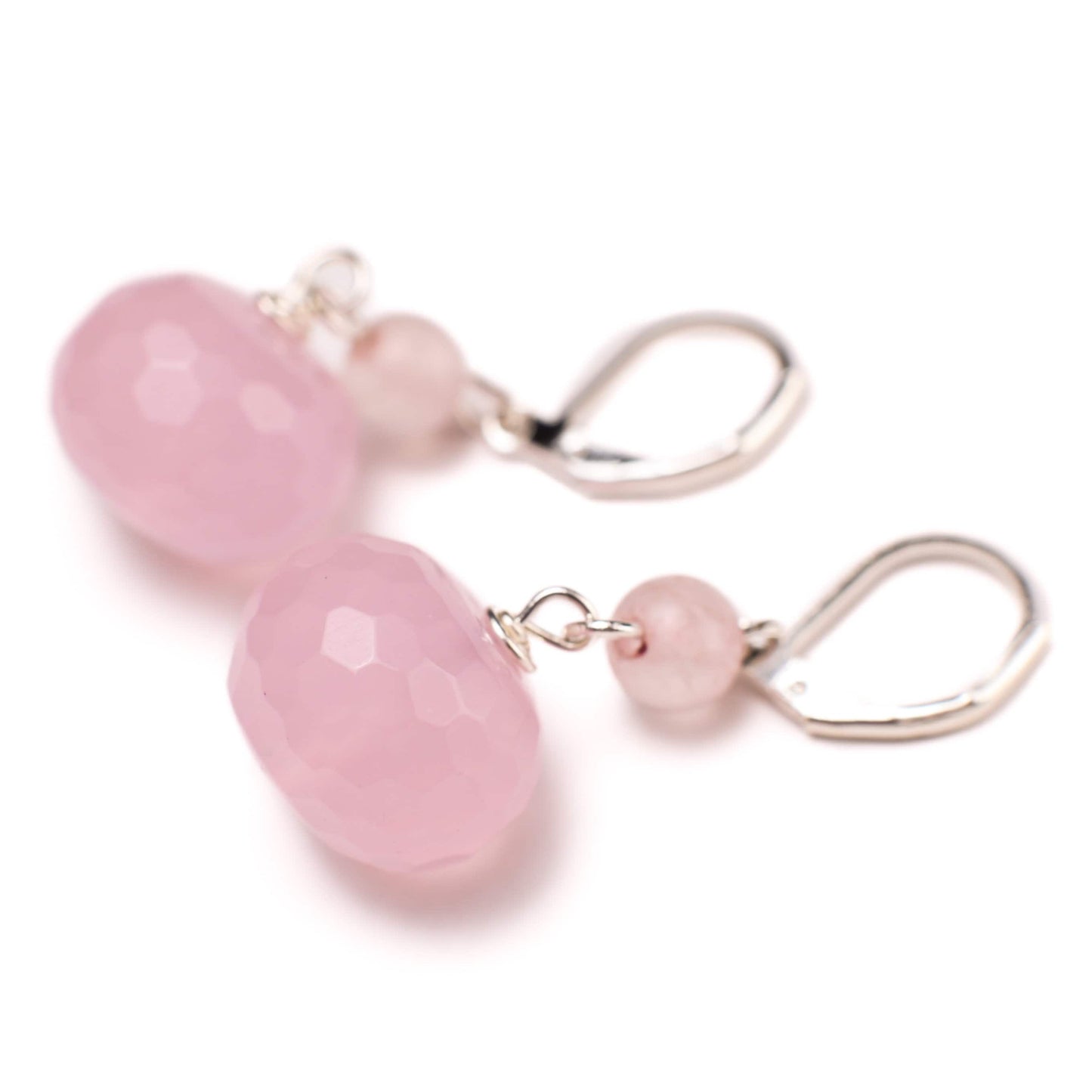 Natural Rose Quartz Faceted Large Roundel 14mm, Spacer 4mm Rose Quartz Wire Wrapped in Silver Leverback or Earwire