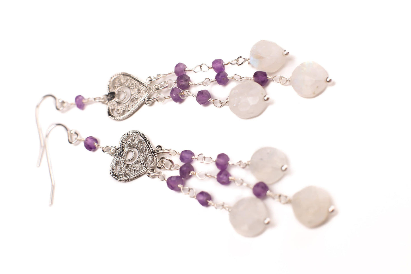 Natural Moonstone Dangling with Natural Amethyst Filigree Chandelier Wire Wrapped 925 Sterling Silver Earrings, Handmade Gift for Her