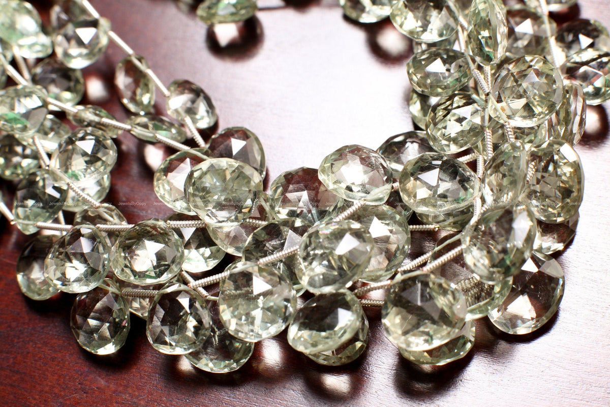 Green Amethyst drop cut Graduated Faceted Heart Shape Drop,11-14mm Green Prasiolite Jewelry Making Gemstone 11 pcs, 22 pcs (10.5" full St)