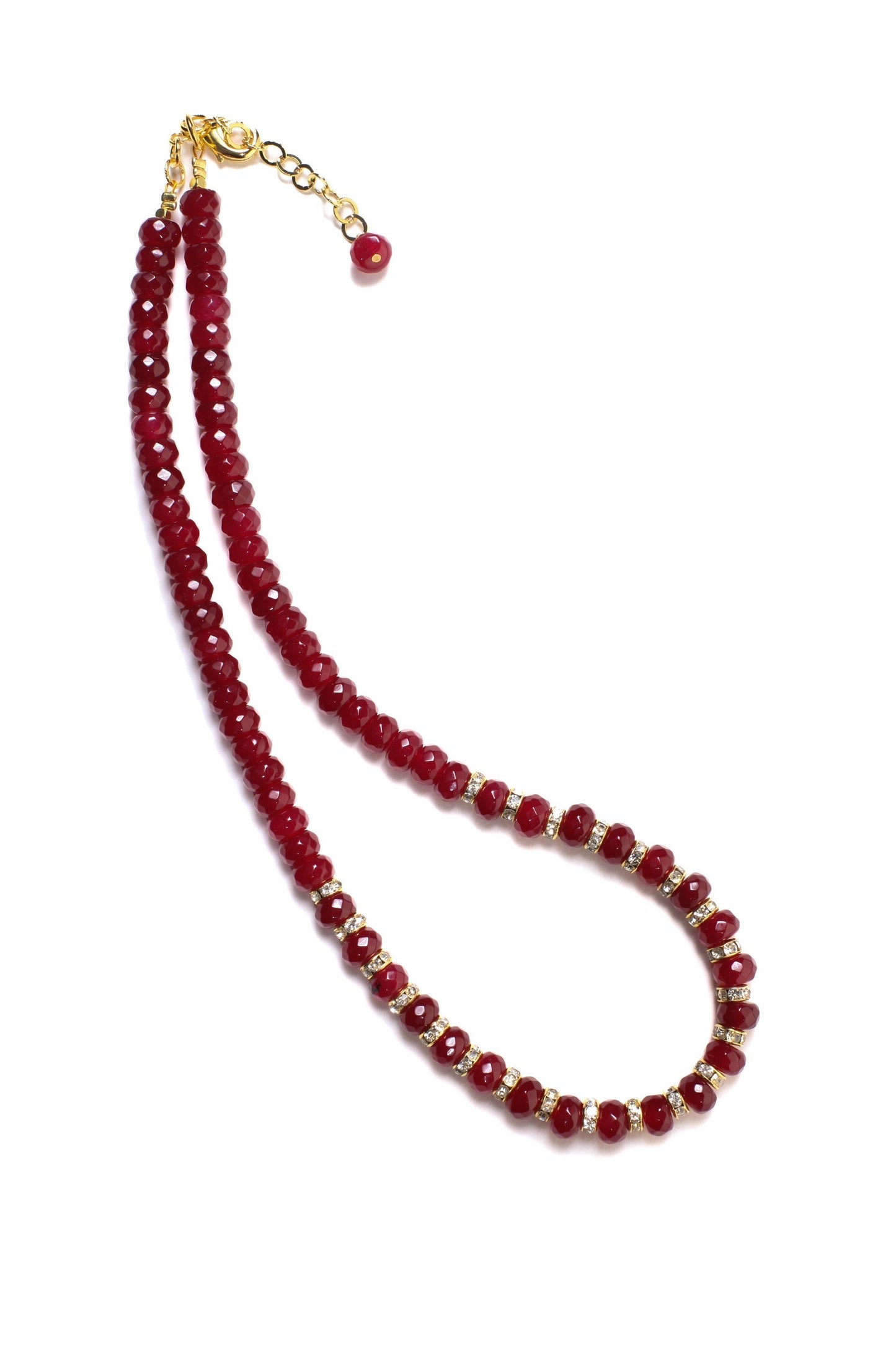 Ruby Jade Faceted Roundel with Rhinestone Spacers 18" Necklace with 2" Extension Chain, Choose Gold or Silver