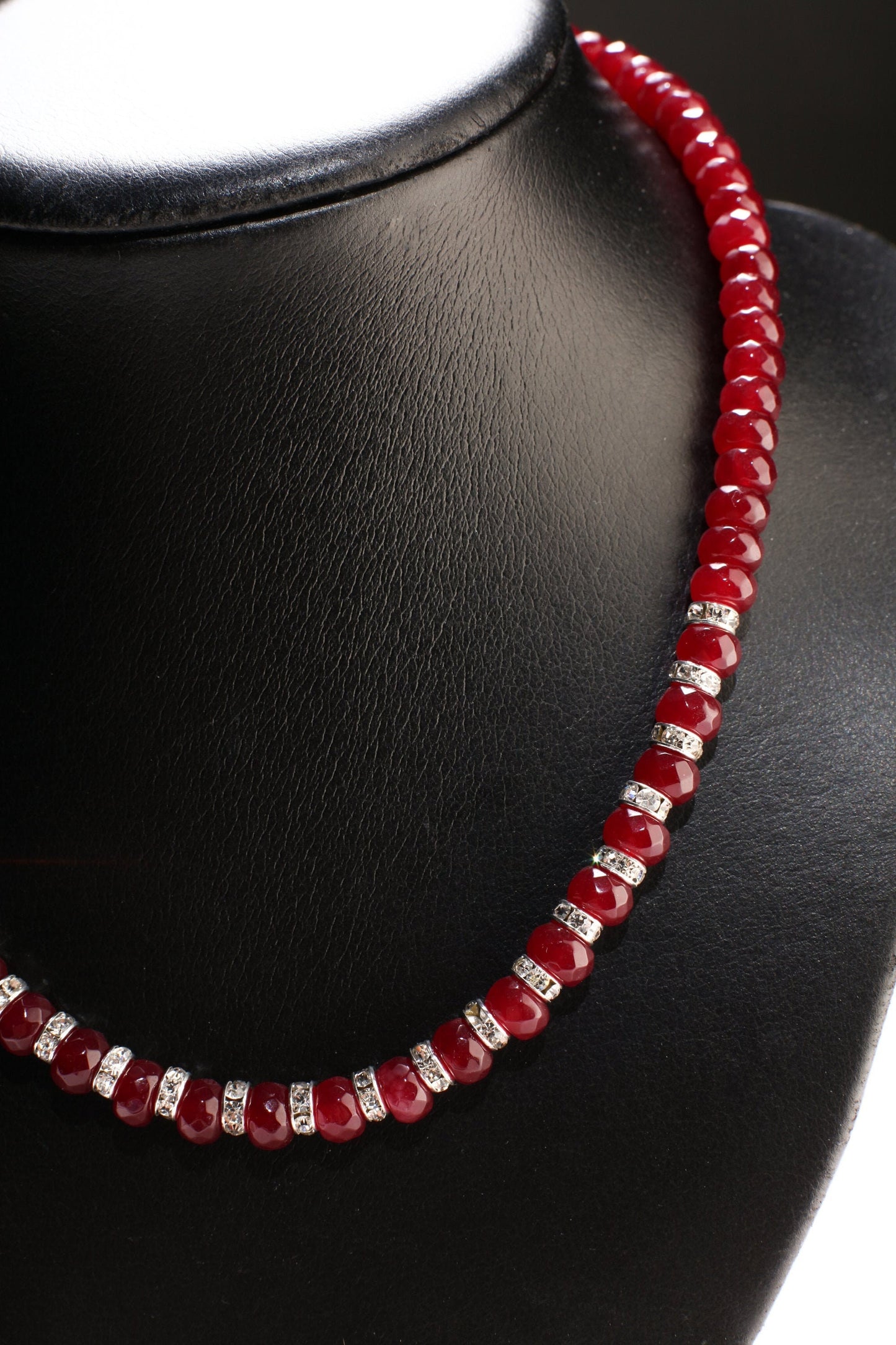 Ruby Jade Faceted Roundel with Rhinestone Spacers 18" Necklace with 2" Extension Chain, Choose Gold or Silver