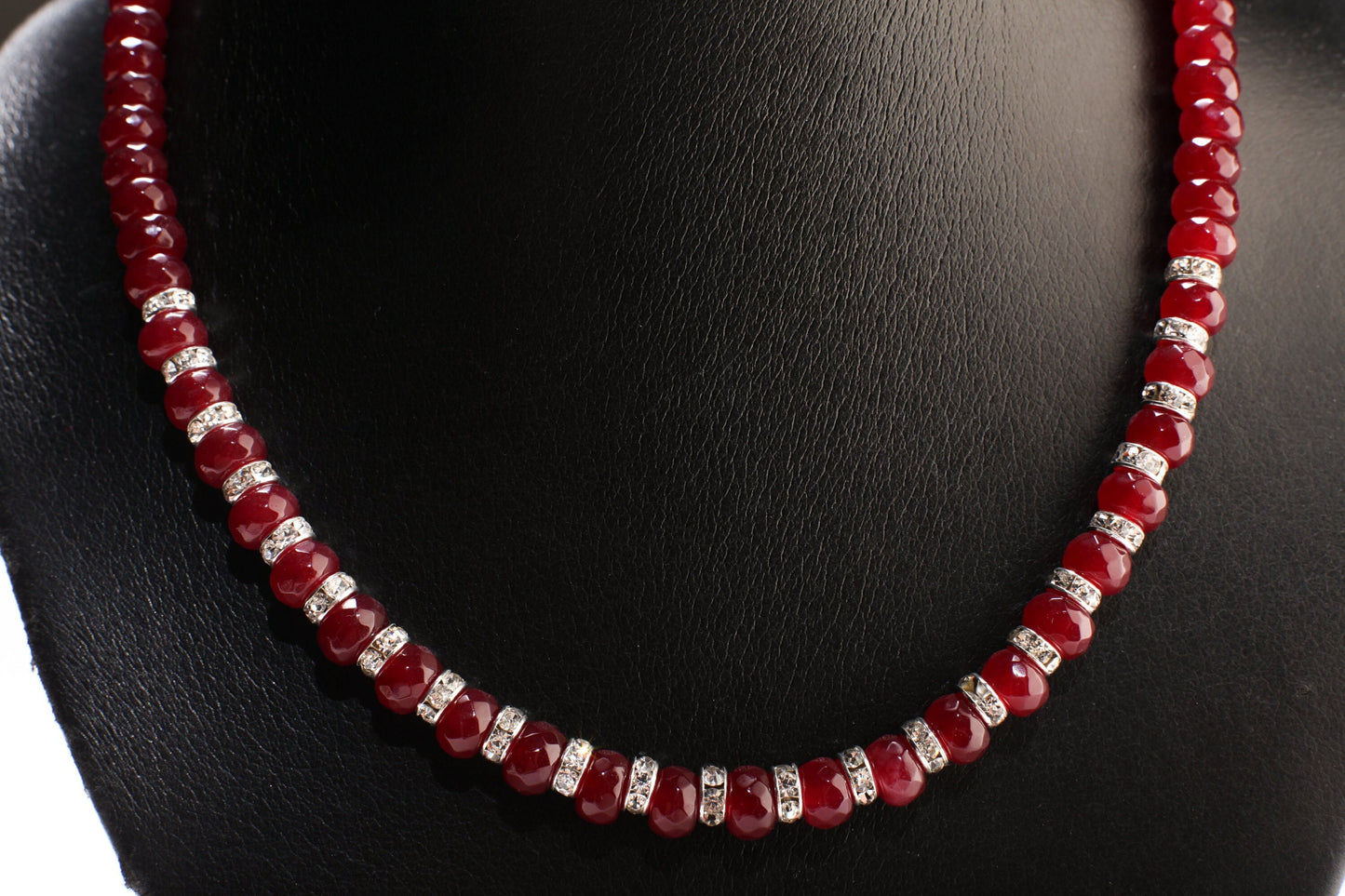 Ruby Jade Faceted Roundel with Rhinestone Spacers 18" Necklace with 2" Extension Chain, Choose Gold or Silver