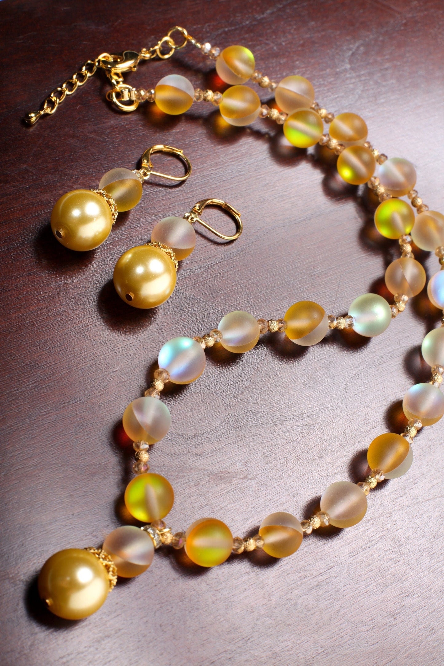 Matte Yellow Sea Glass,10mm Mermaid bead , 14mm South Sea Seashell Pearl pendant Necklace ,Matching Earrings Jewelry Set. 18" & 2" extender.