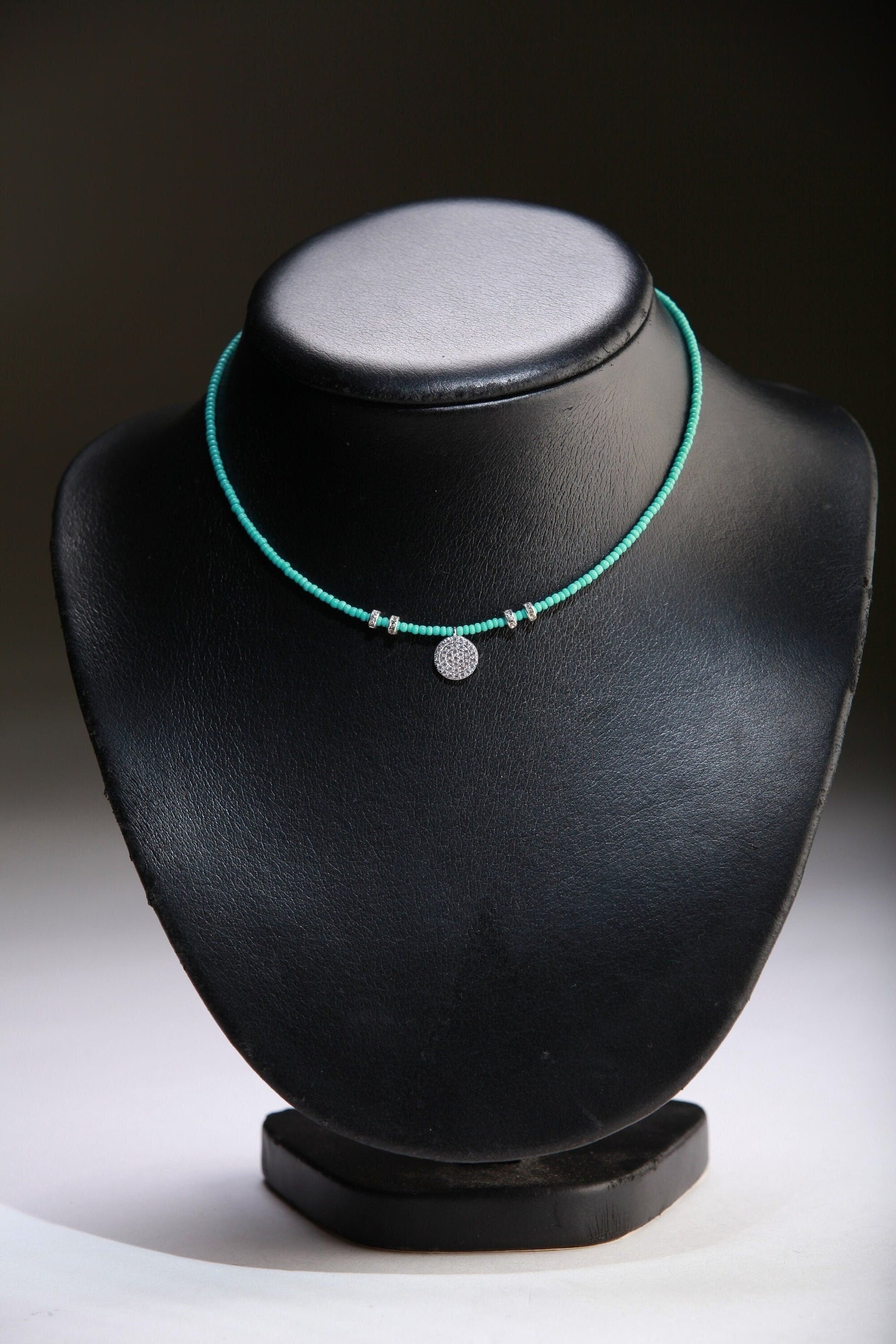 Turquoise blue Aqua quartz with CZ disc pendant , Magnetic Ball Clasp Choker 14" only
