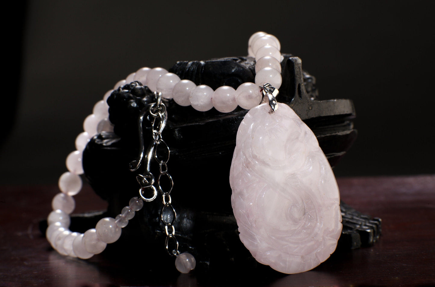 Rose Quartz Necklace, Natural Madagascar Rose Quartz 37x53mm hand Carved Vintage Double Sided Peach Blossom Pendant 19" plus 2"Extention .
