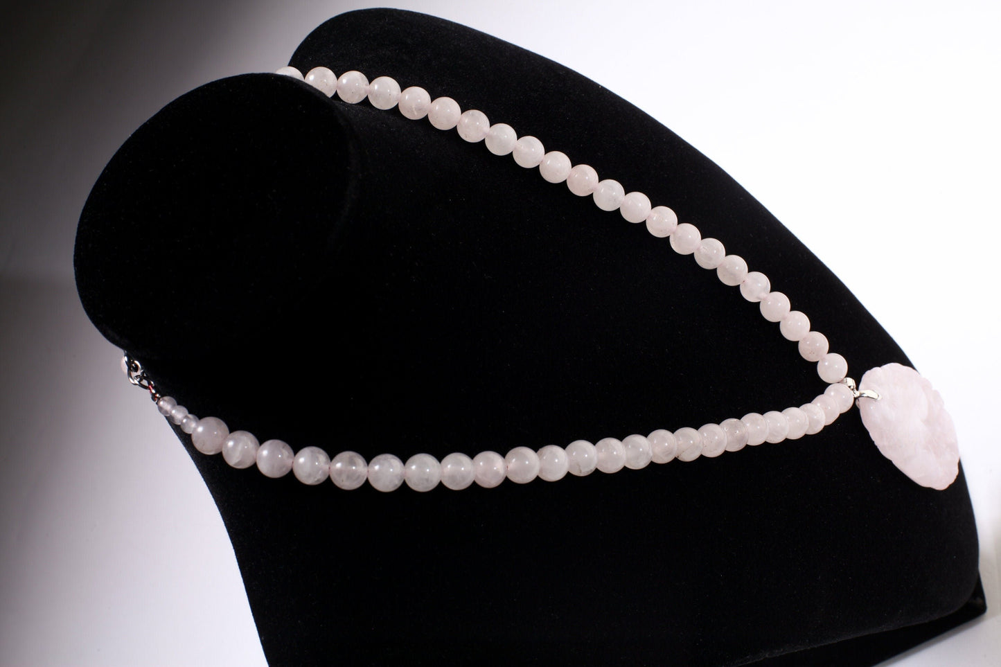 Rose Quartz Necklace, Natural Madagascar Rose Quartz 37x53mm hand Carved Vintage Double Sided Peach Blossom Pendant 19" plus 2"Extention .