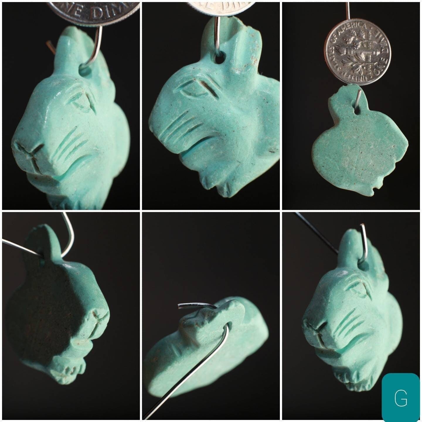 Natural Turquoise Hand Crafted Rabbit Pendant, Top Drilled Miniature Animals Collectible Figurines Vintage Sculpture, Old Stock
