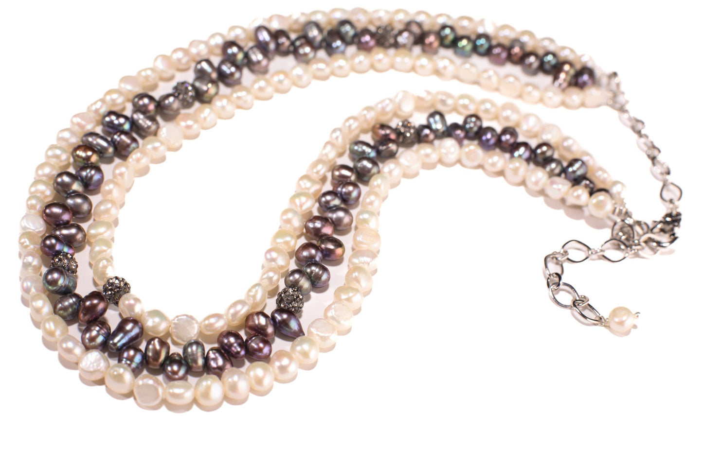 Natural Freshwater Pearl 3 Layer Bib Necklace, White Button Pearl 6mm ,Freshwater Grey Side Drilled Pearl,CZ ball,17" + 3" Rhodium Extender.
