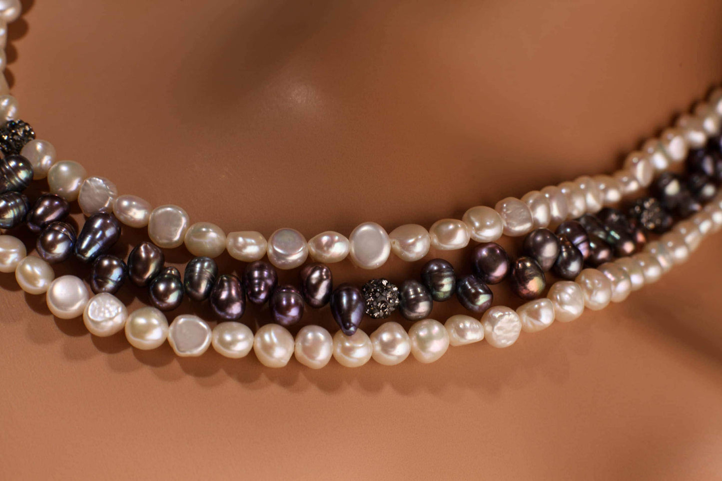 Natural Freshwater Pearl 3 Layer Bib Necklace, White Button Pearl 6mm ,Freshwater Grey Side Drilled Pearl,CZ ball,17" + 3" Rhodium Extender.