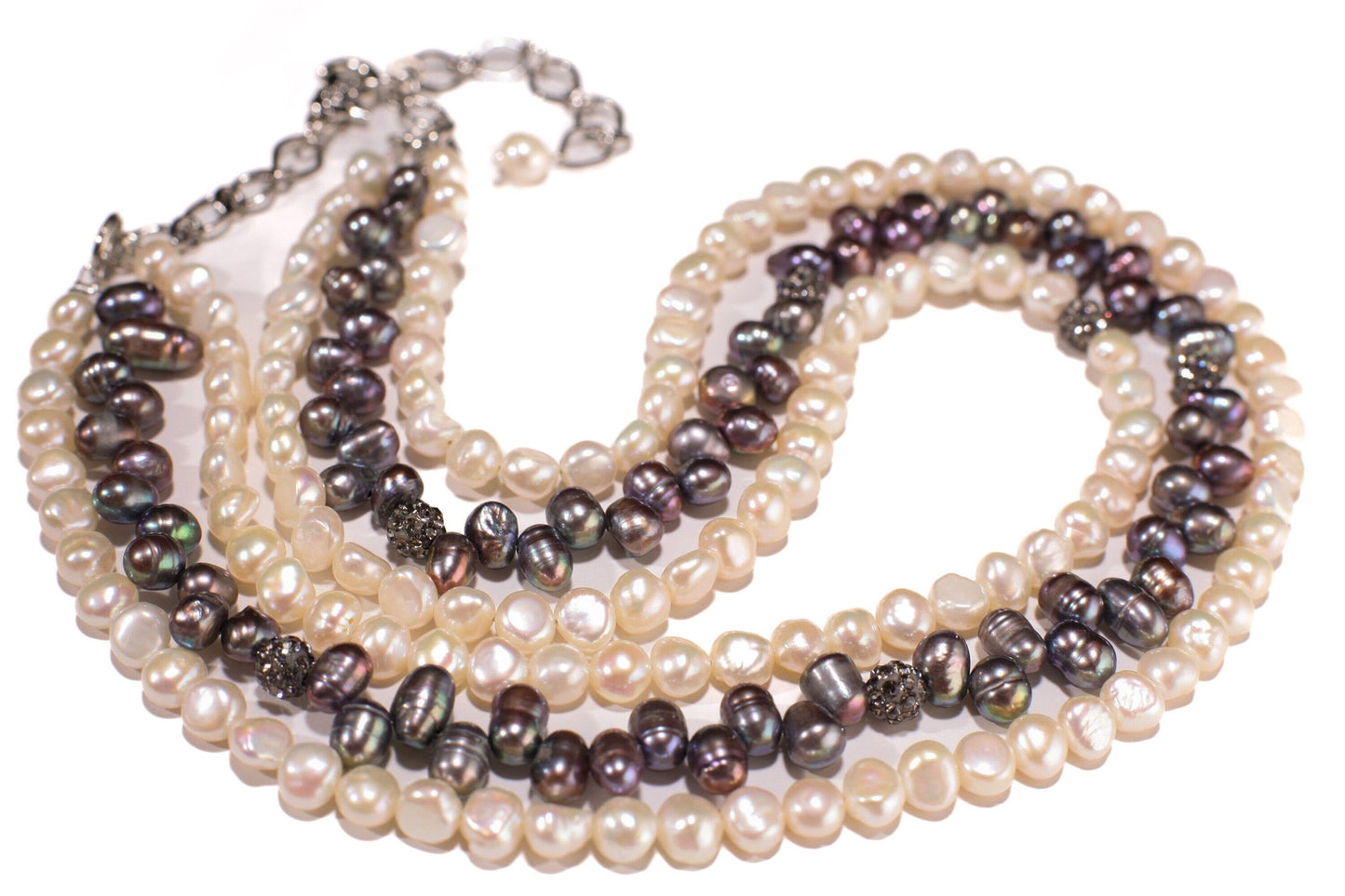 Natural Freshwater Pearl 3 Layer Bib Necklace, White Button Pearl 6mm ,Freshwater Grey Side Drilled Pearl,CZ ball,17" + 3" Rhodium Extender.