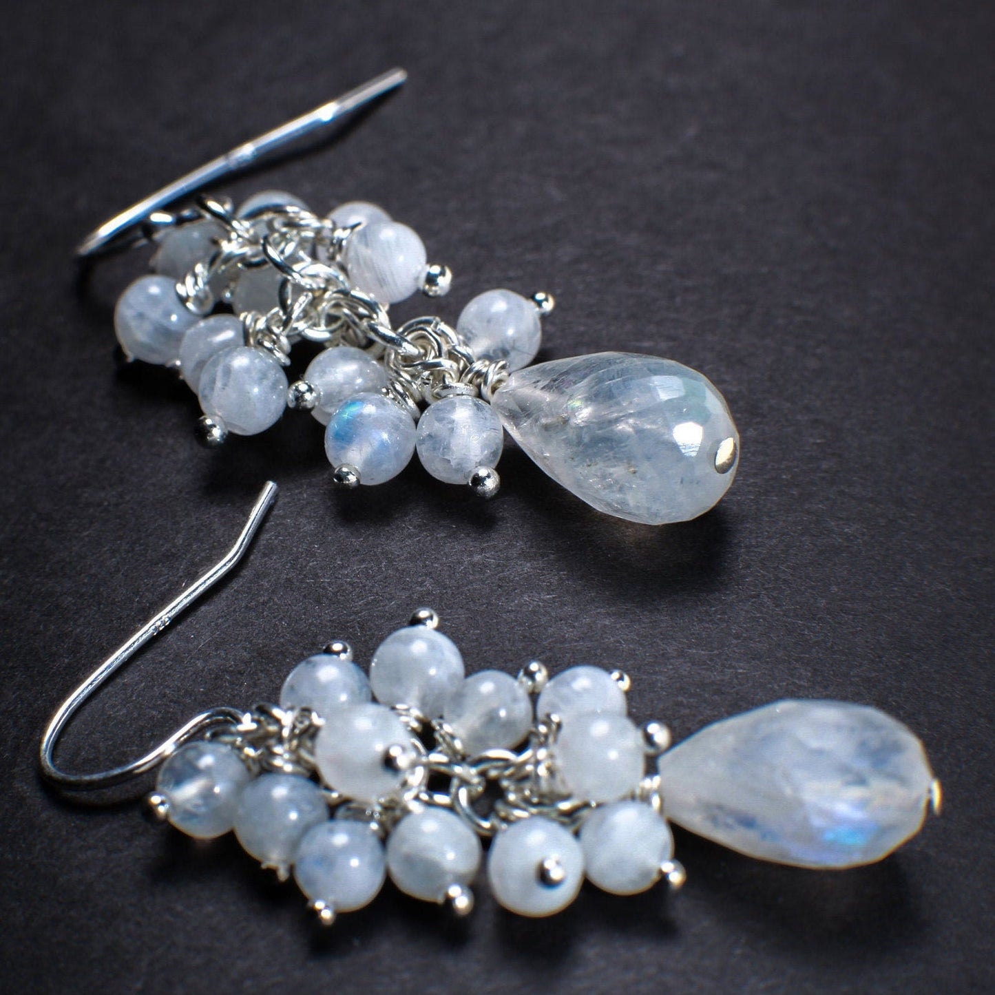 Moonstone Earring, Genuine Moonstone Clusters & Teardrop Wire Wrapped in 14K Gold Filled EarWire, June Birthstone,Bridal,White Earring, Gift