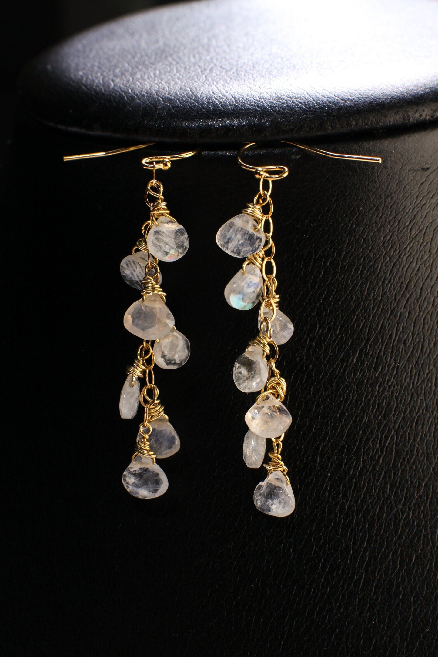 Rainbow Moonstone Faceted Heart Teardrop 14K Gold Filled Cascade Earrings, Handmade wire wrap natural Gemstone Bridal June birthdtone Gift