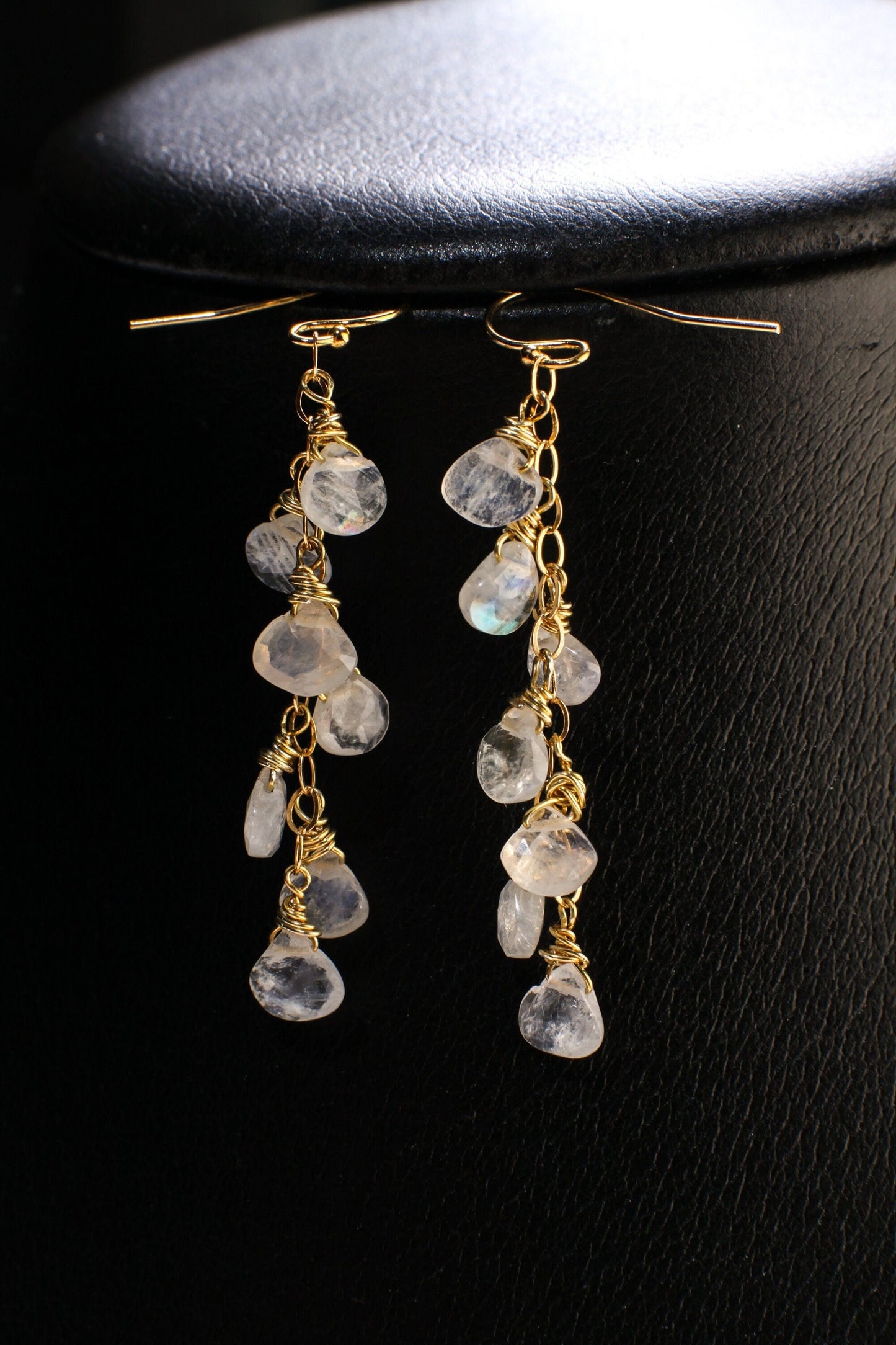 Rainbow Moonstone Faceted Heart Teardrop 14K Gold Filled Cascade Earrings, Handmade wire wrap natural Gemstone Bridal June birthdtone Gift