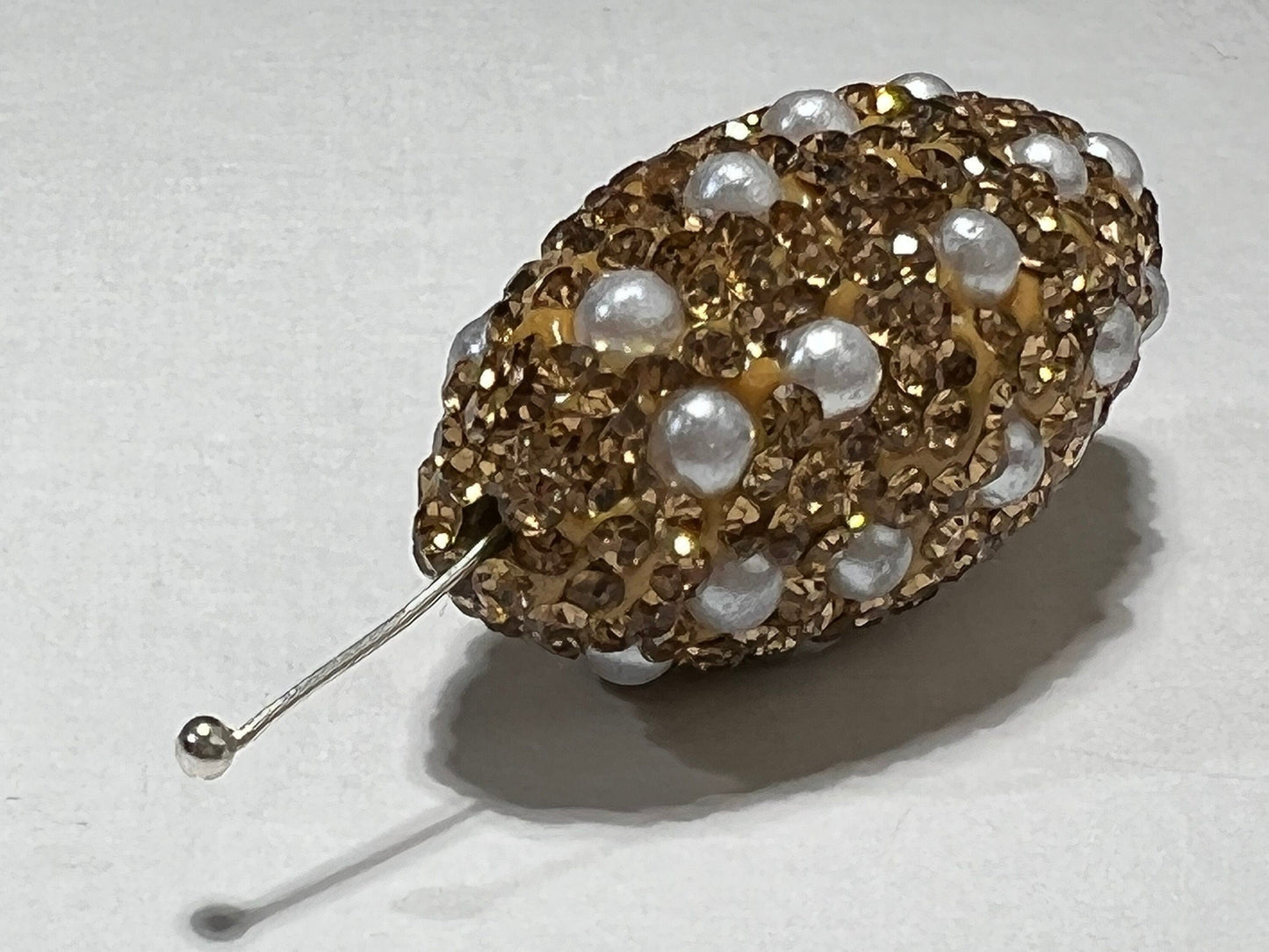 Pearl and Turquoise with Gold & Black Crystal Pave Rhinestone Handmade Fancy Focal Bead, 30-35mm Long, 1 pc, Jewelry Making Bling Bead