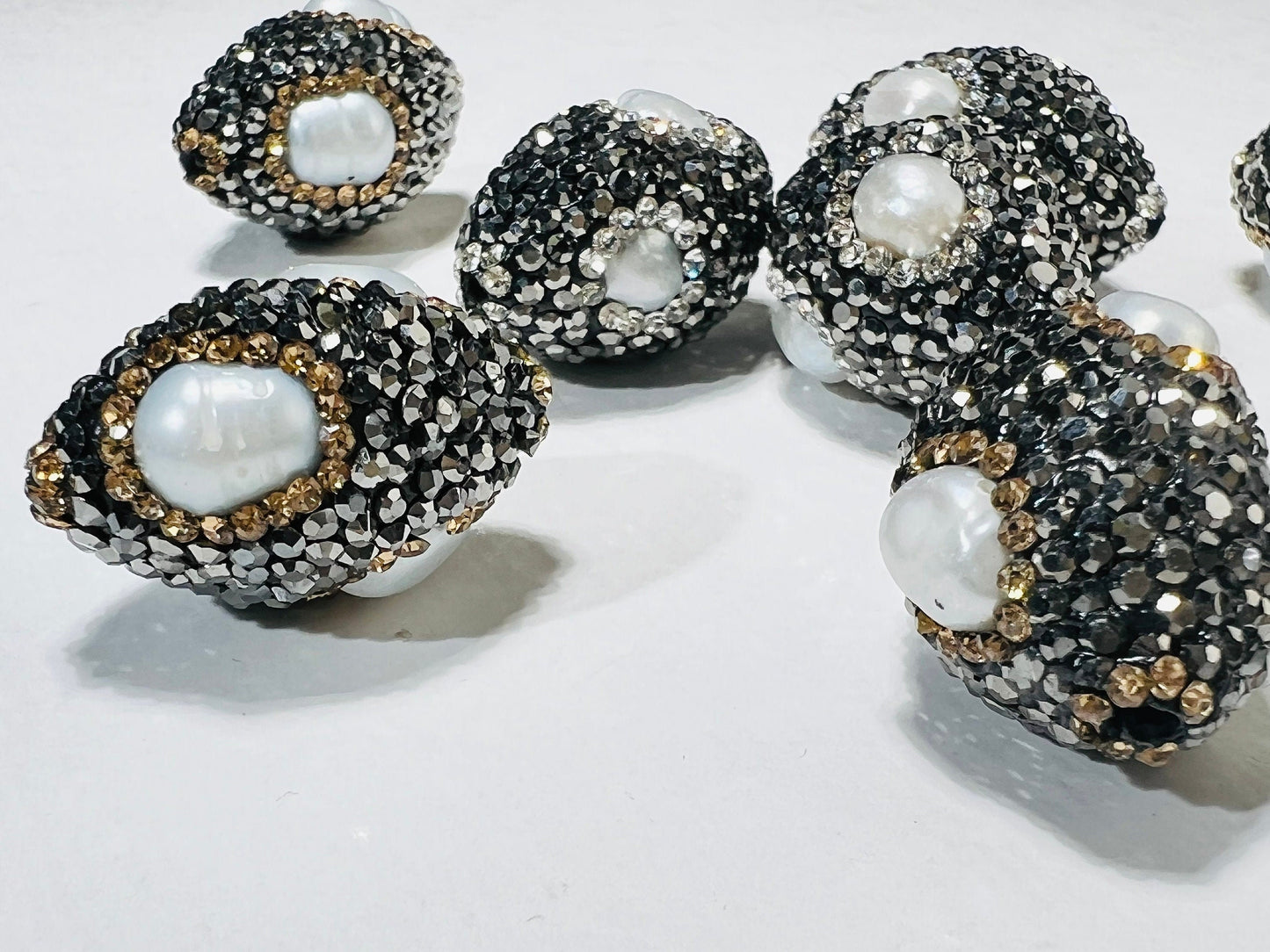 Freshwater Keshi Pearl, Inlaid Black Rhinestone Crystal Handmade Fancy Focal Bead, 17x24mm, 1 pc, Jewelry Making Bling Oval Spacer Bead