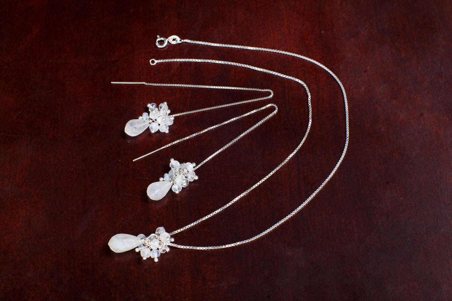 Moonstone Earrings Necklace Set, Moonstone 5" Long Threader Earrings & Pendant with Moonstone Clusters, 925 Sterling Silver Ear Wire, Chain