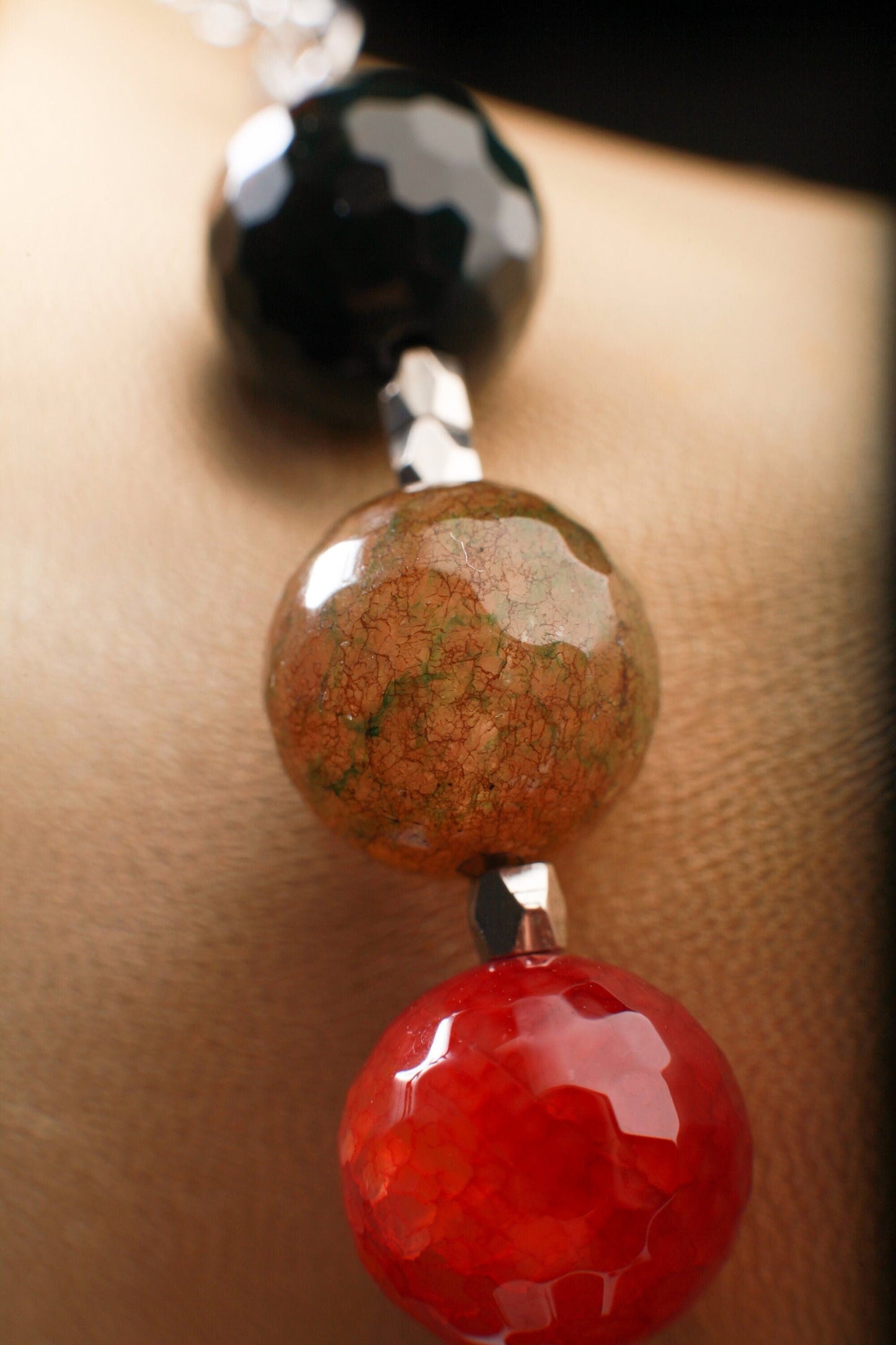 Faceted Fire Agate Natural Multi color 14mm Round Bead 20" Gemstones Necklace plus 2”Extension Chain