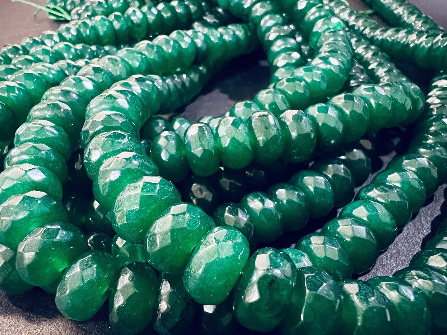 Green jade Faceted wheel shape, Tire Shape Roundel 10mm, Dark emerald green color Green onyx Jewelry Making Beads , 6.5”and 13" strand