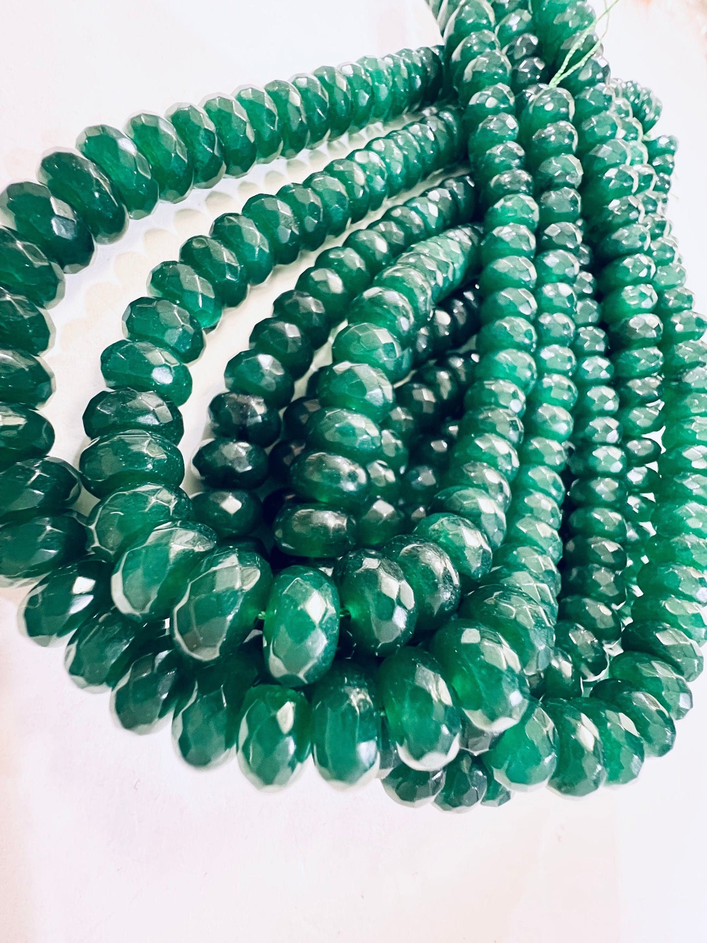 Green jade Faceted wheel shape, Tire Shape Roundel 10mm, Dark emerald green color Green onyx Jewelry Making Beads , 6.5”and 13" strand
