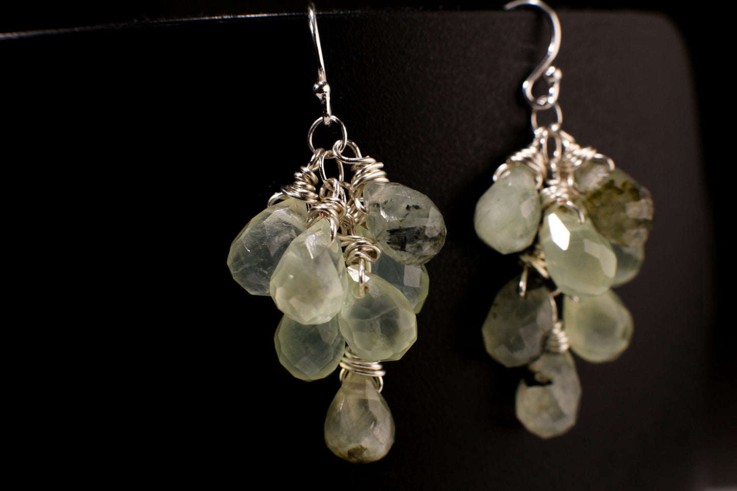 Natural Prehnite, Tourmalinated Quartz 6x9mm Faceted Briolette Drop Handmade Wire Wrap in Sterling Silver Earring