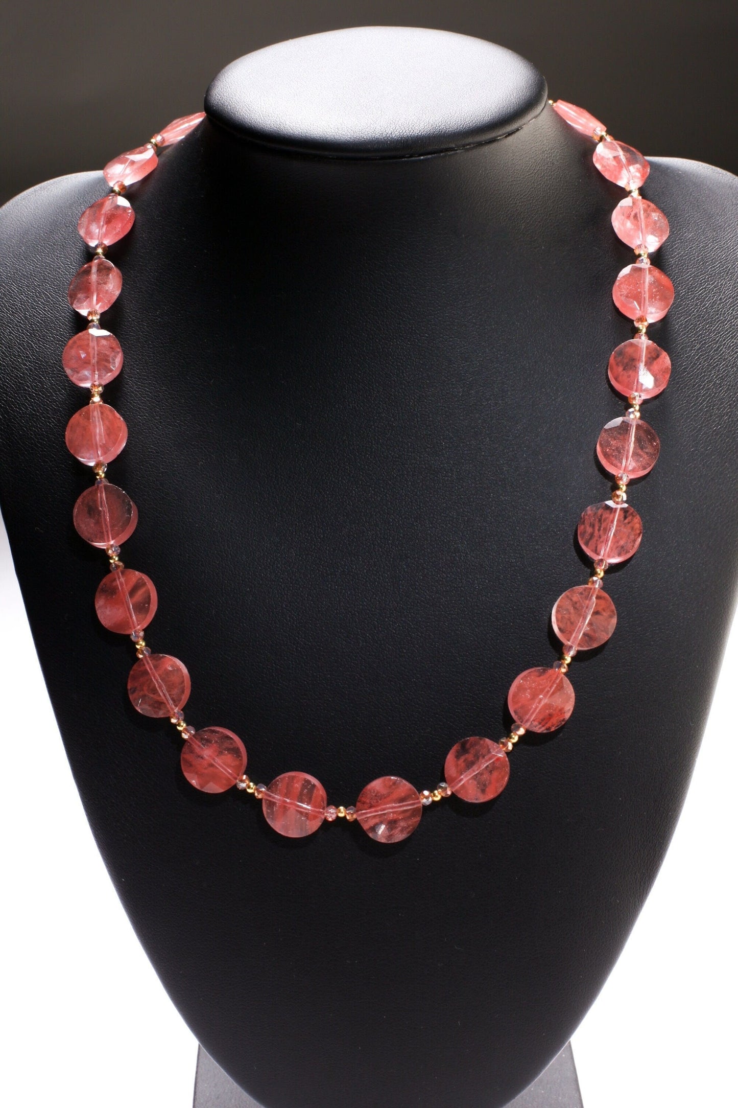 Watermelon Quartz Faceted 12mm Coin Shape in Strawberry Quartz 18.5" Gold Necklace with 1.5" Extension, Beautiful Summer Collection