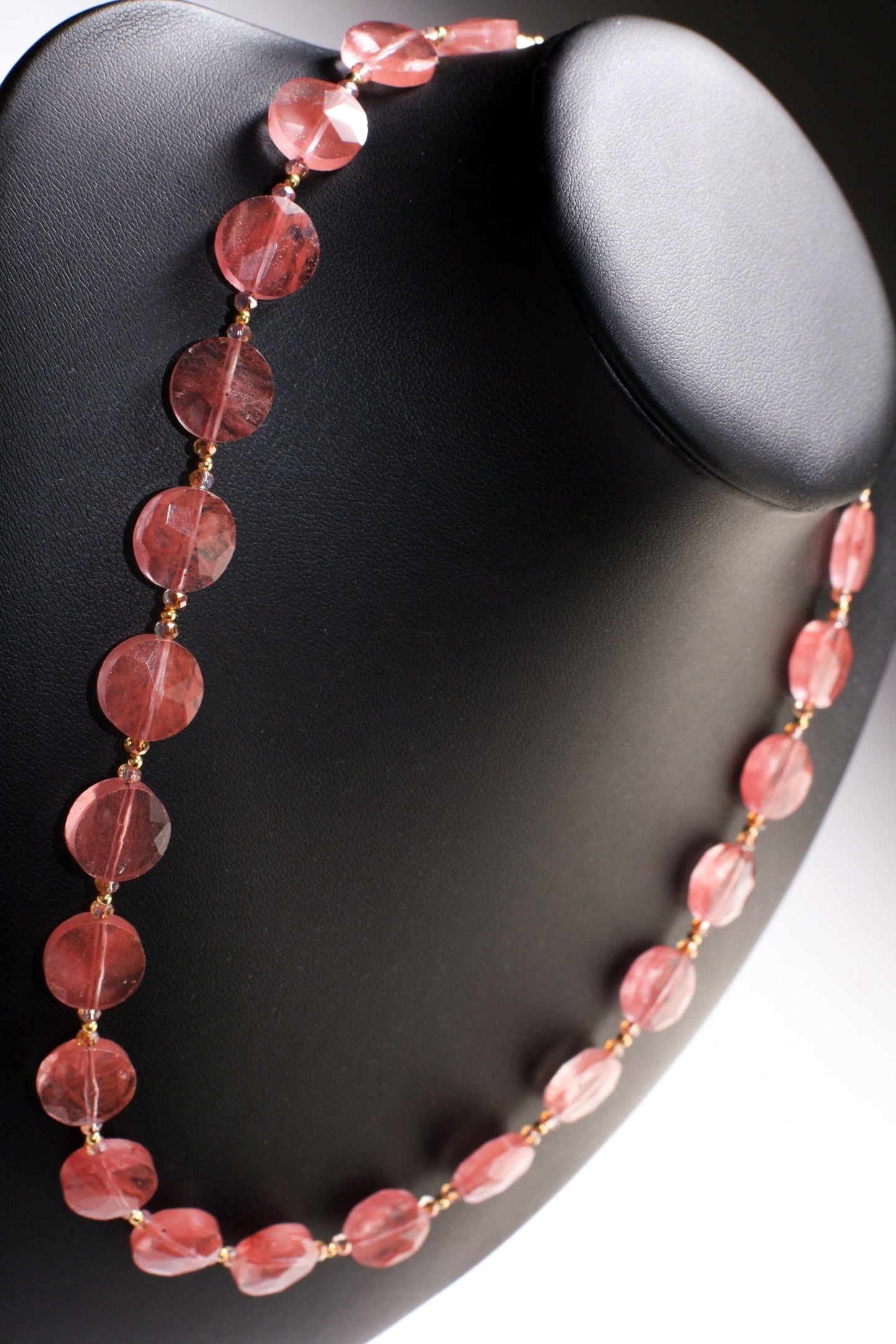 Watermelon Quartz Faceted 12mm Coin Shape in Strawberry Quartz 18.5" Gold Necklace with 1.5" Extension, Beautiful Summer Collection