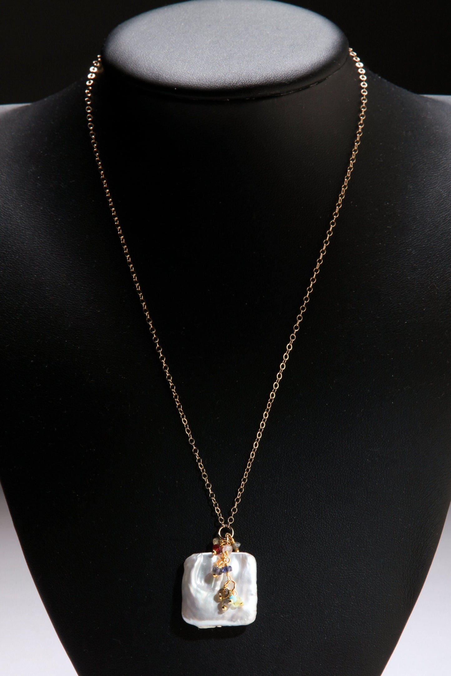 Baroque Pearl Necklace, Freshwater Square Baroque, Multi Gemstone Clusters, Iolite, Garnet, Peridot, Labradorite in 14K Gold Filled Necklace