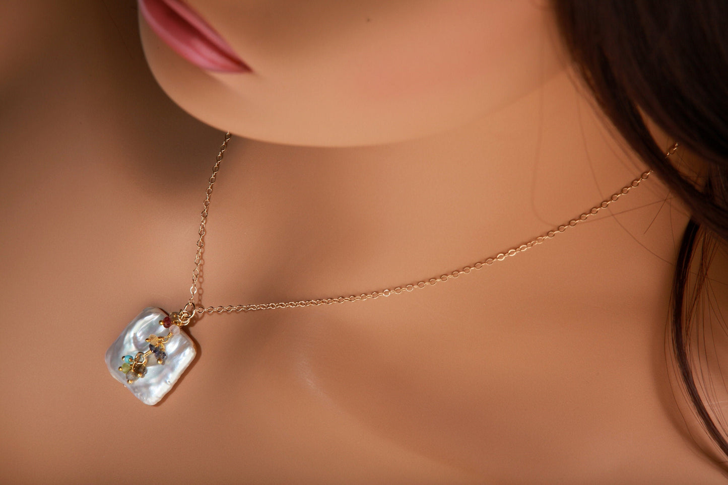 Baroque Pearl Necklace, Freshwater Square Baroque, Multi Gemstone Clusters, Iolite, Garnet, Peridot, Labradorite in 14K Gold Filled Necklace