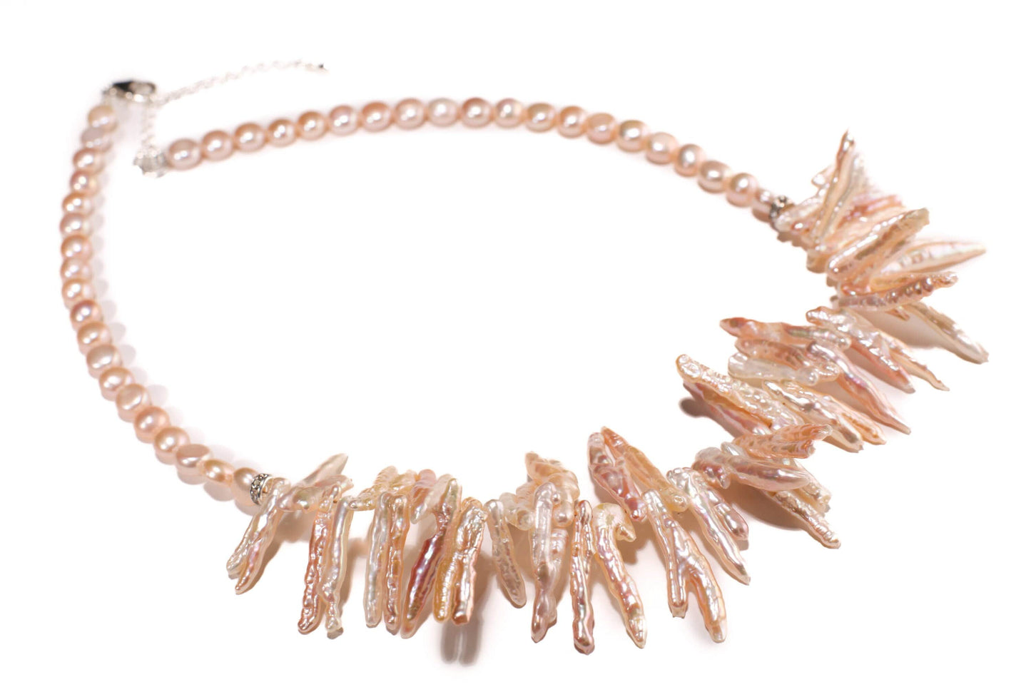 Natural Japanese Fresh Water Biwa Stick Pearl, Button Pearl in 925 Sterling Silver Necklace with 2" Extension Chain and Lobster Clasp