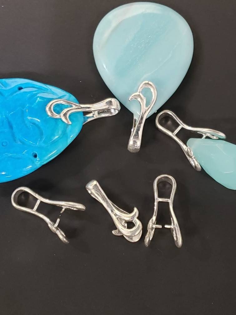 2 Pcs Silver Large Fancy Pinch Bail 25mm Long , Silver Plated Over Copper, Jewelry Making Pendant Holder, Price for Bails only.