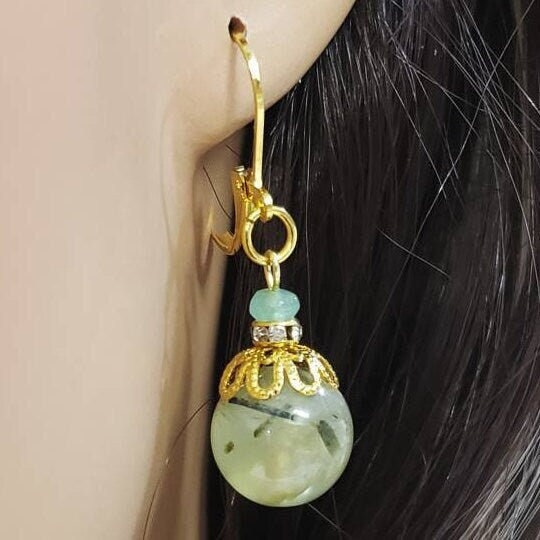 Natural Prehnite 12mm smooth round gold earrings. Beautiful elegant handmade minimalist natural gemstone earrings gift
