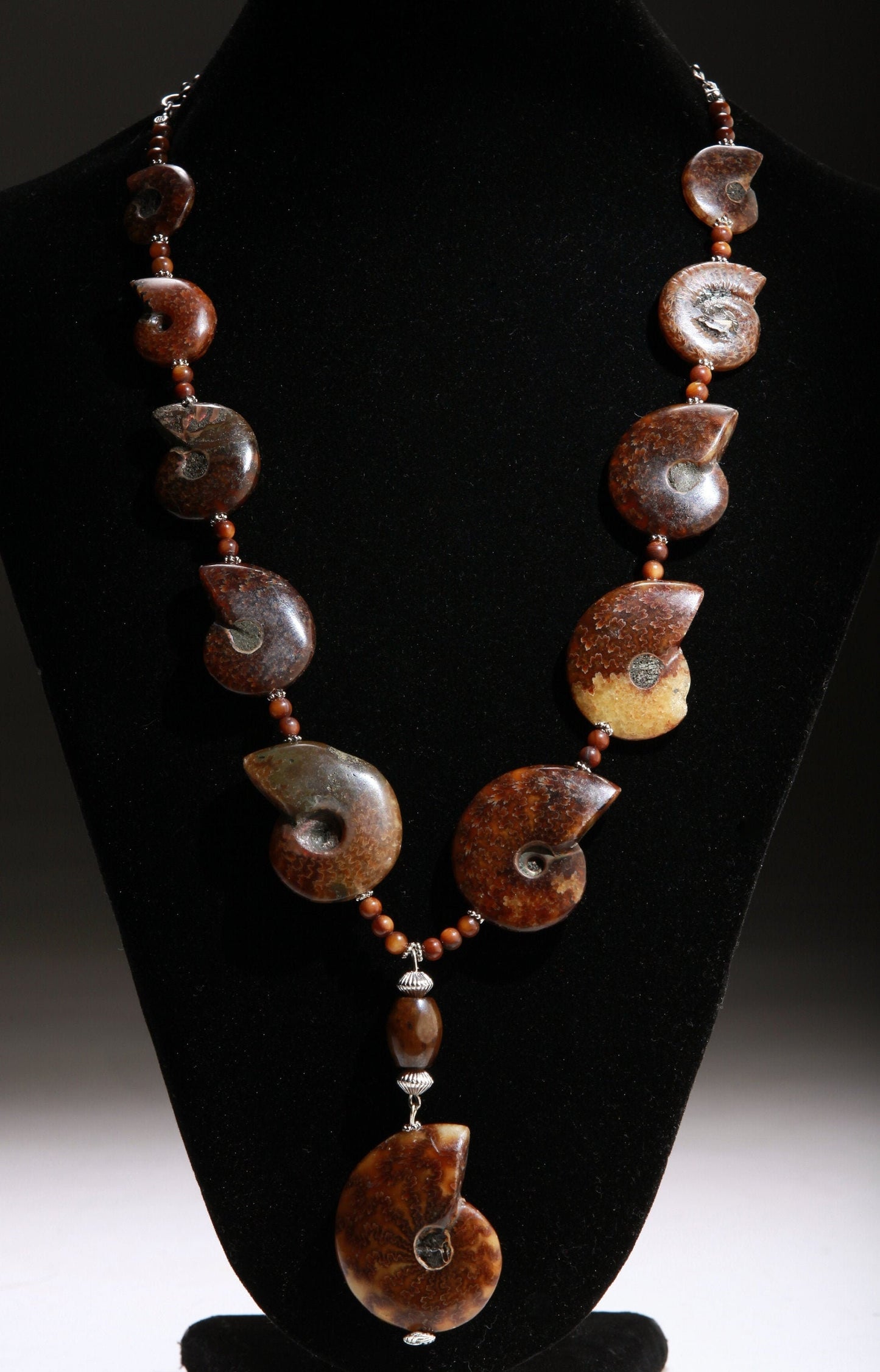 Genuine Graduated Ammonite Fossil Pendant with Soo Chow Jade Barrel, Tiger Eye Spacers, Bali Style Spacers in 22" Necklace, 4" Extension