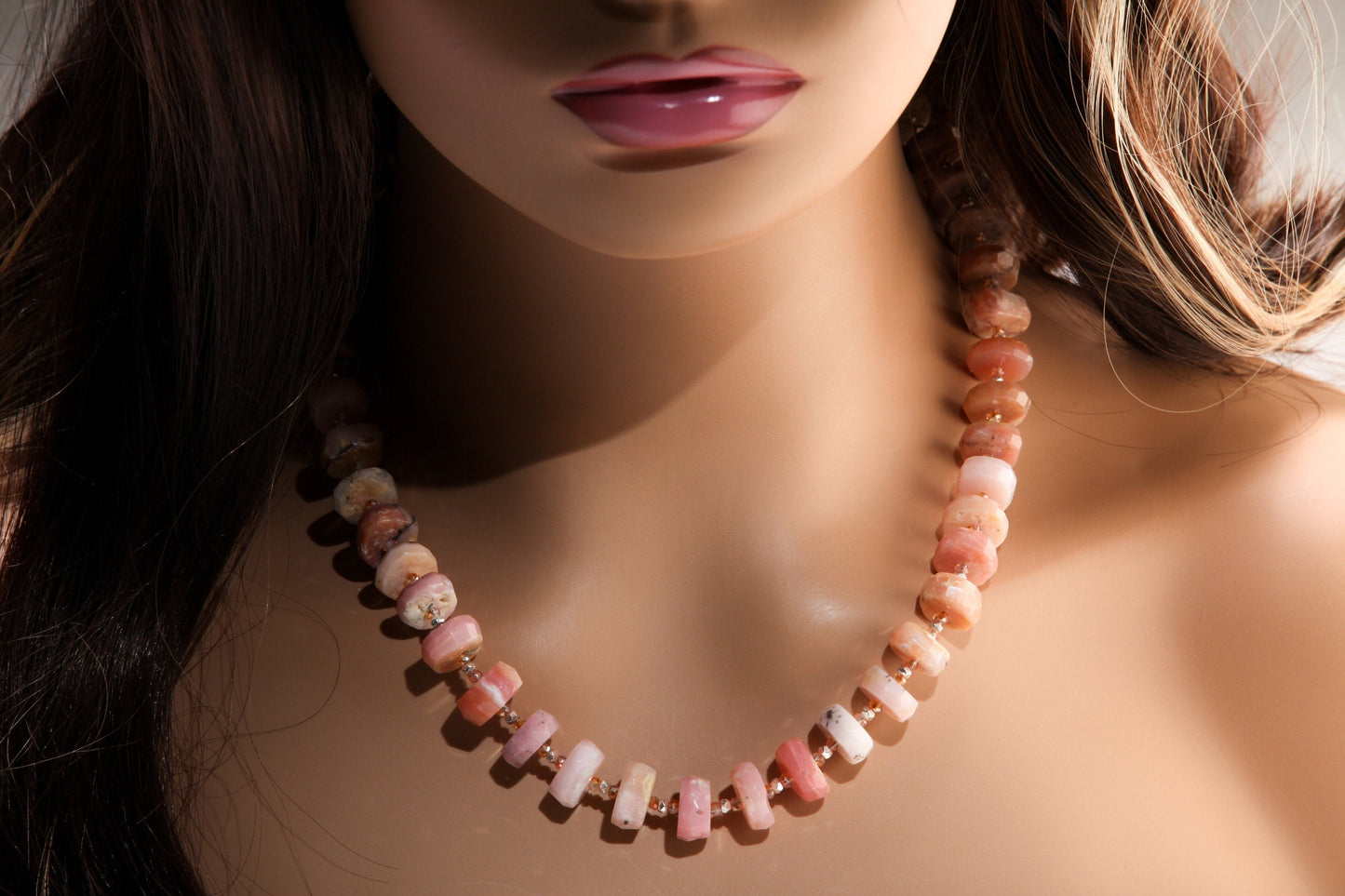 Pink Peruvian Opal Faceted Rondelle,12-14mm tyre shape Natural Gemstone in 925 Sterling Silver 19.5" Necklace and 2" Extension Chain