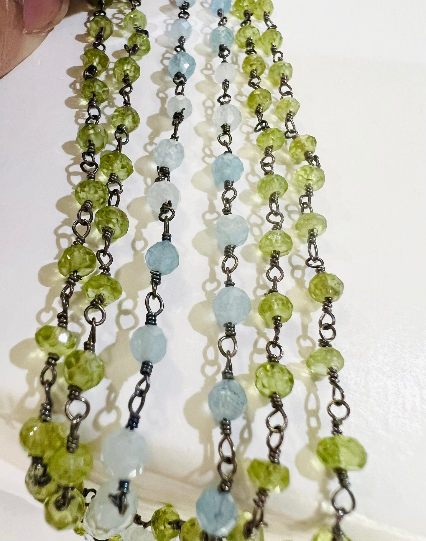 Aquamarine, Peridot 3mm Faceted Wire Wrapped Oxidized Silver Rosary Chain Handmade Necklace, Choker, Layering 14"-36"