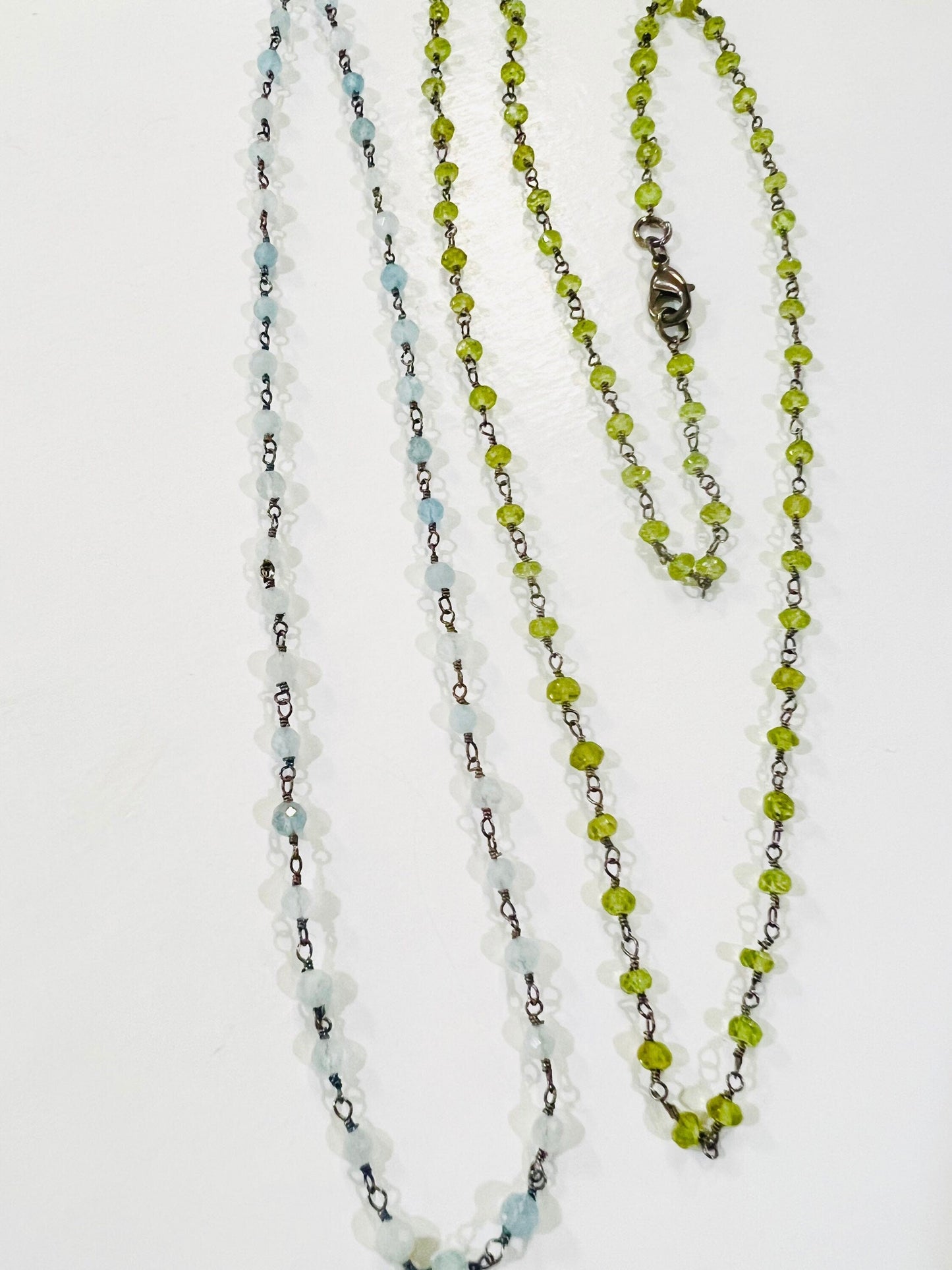 Aquamarine, Peridot 3mm Faceted Wire Wrapped Oxidized Silver Rosary Chain Handmade Necklace, Choker, Layering 14"-36"