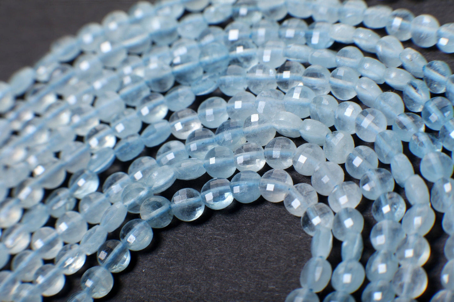 Natural Aquamarine Gemstone Sky Blue Faceted 3.5-4mm Coin Shape, shaded Aquamarine , Jewelry Making 12.5" strand.High quality