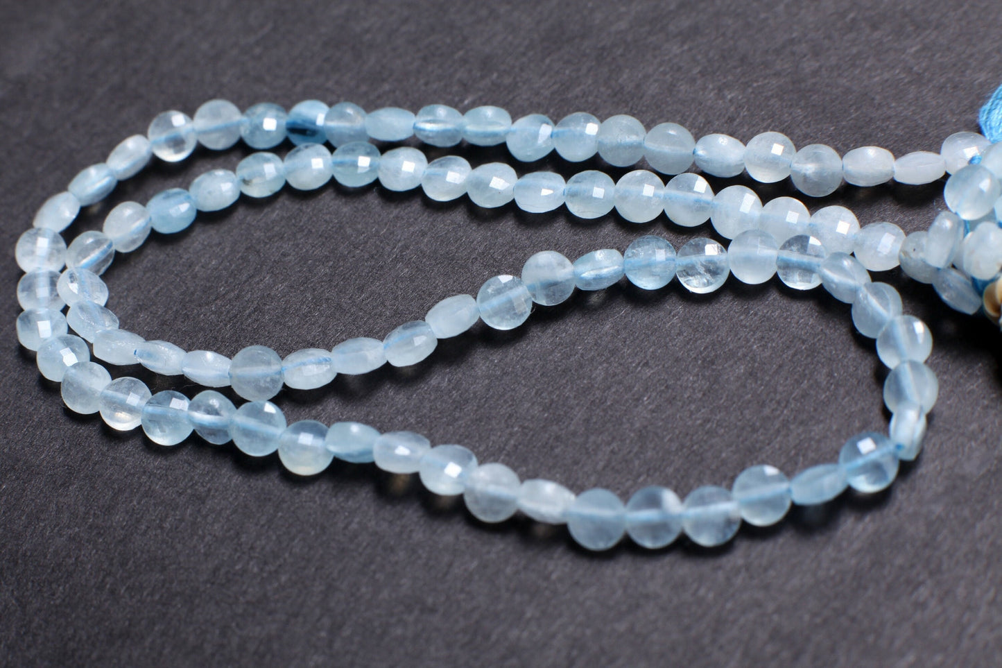 Natural Aquamarine Gemstone Sky Blue Faceted 3.5-4mm Coin Shape, shaded Aquamarine , Jewelry Making 12.5" strand.High quality