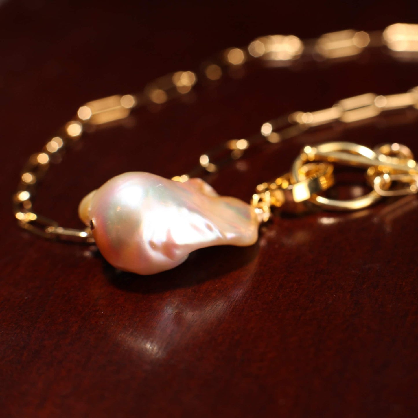 14k Gold Filled 3x8mm Paperclip Chain,Freshwater15x25mm Flame Ball Baroque Peach Pearl Interchangeable Pendant Necklace