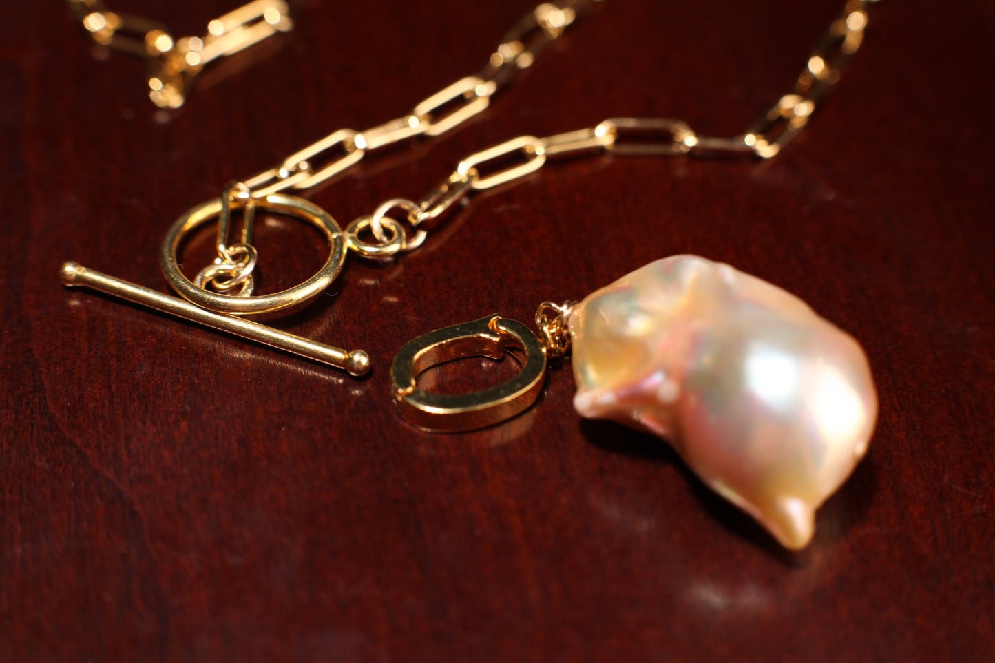 14k Gold Filled 3x8mm Paperclip Chain,Freshwater15x25mm Flame Ball Baroque Peach Pearl Interchangeable Pendant Necklace