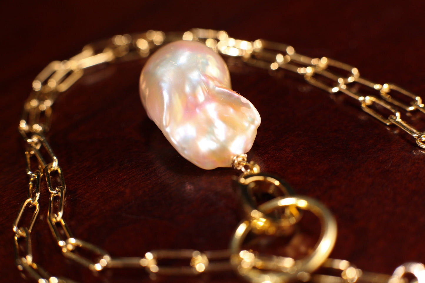 14k Gold Filled 3x8mm Paperclip Chain,Freshwater15x25mm Flame Ball Baroque Peach Pearl Interchangeable Pendant Necklace