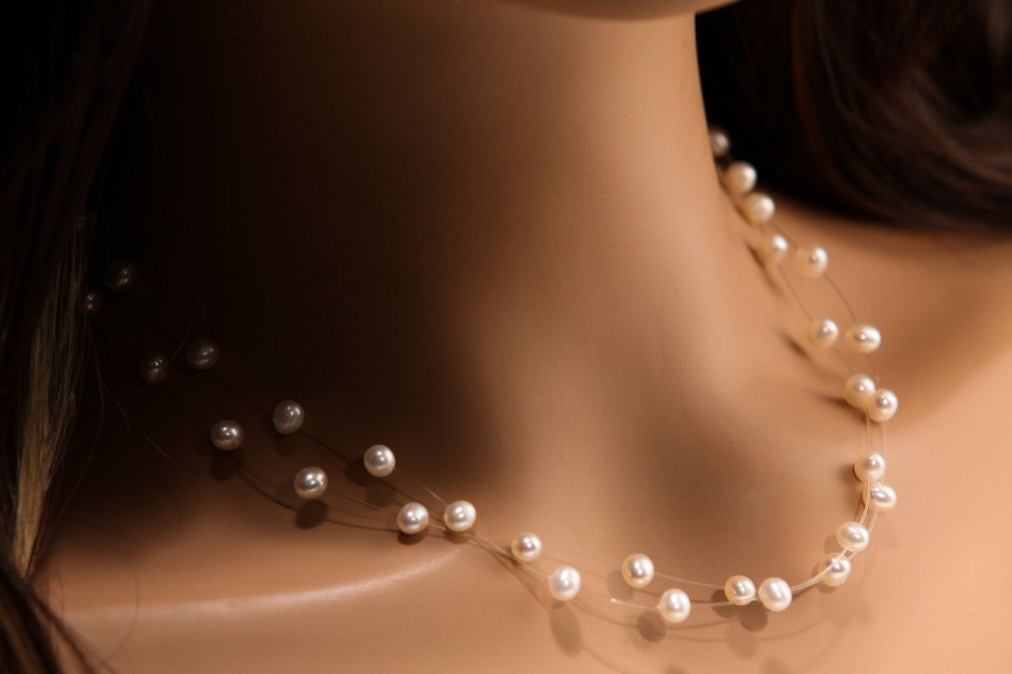 Natural Freshwater Cultured White Pearl 5mm Multi Strand 2 Line Floating Bridal Illusion Necklace 16" Plus 3" Extension, 925 Sterling Silver