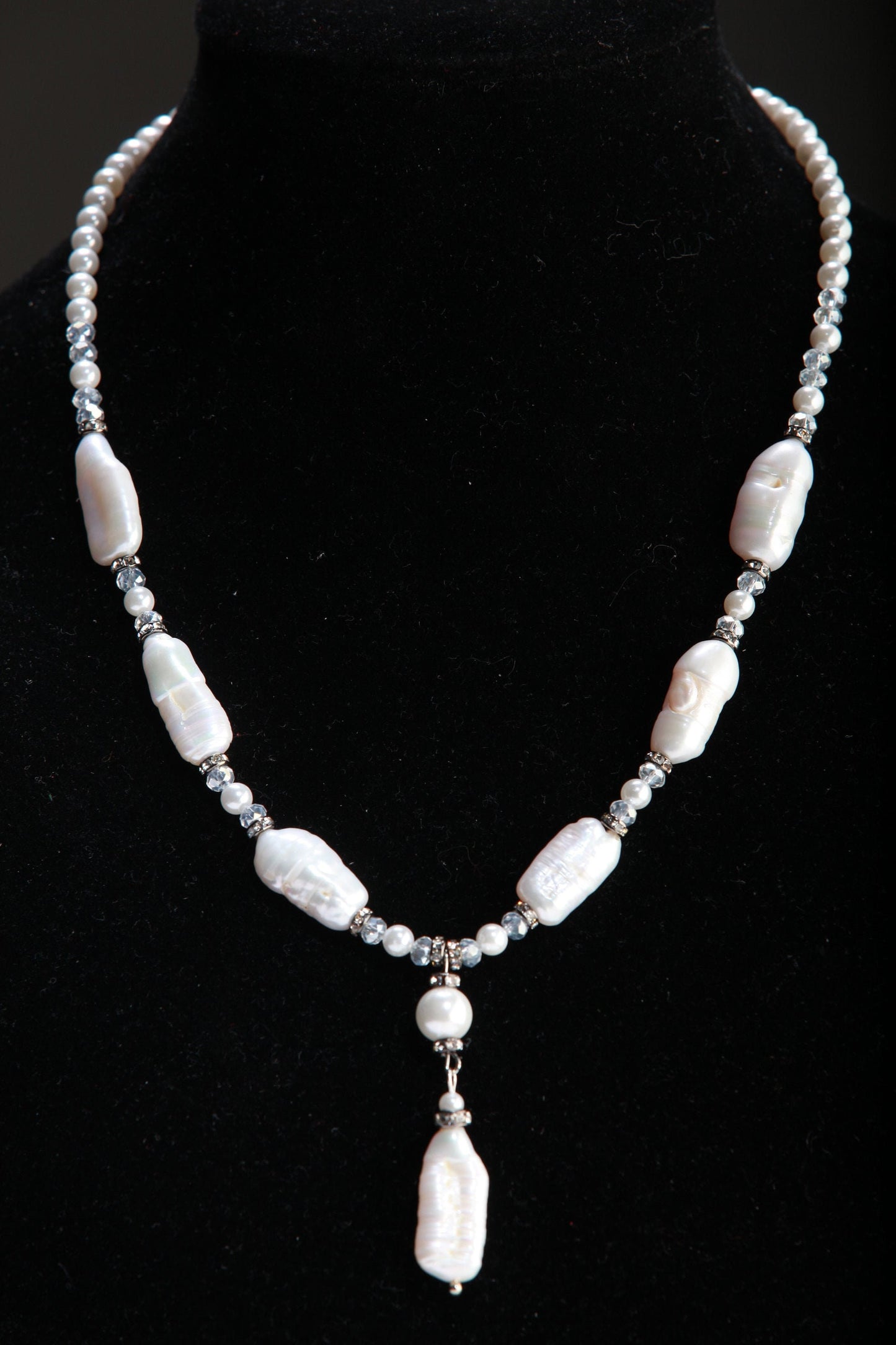Natural Freshwater Biwa Pearl 10x20mm with Oyster Shell Pearl and Crystal Accent Adjustable Chains 16.5" to 18" Y Necklace