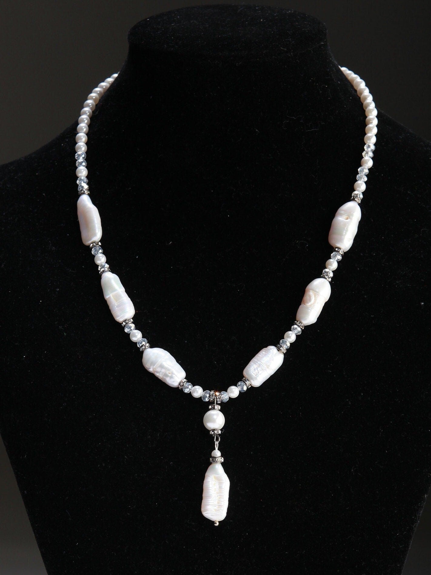 Natural Freshwater Biwa Pearl 10x20mm with Oyster Shell Pearl and Crystal Accent Adjustable Chains 16.5" to 18" Y Necklace