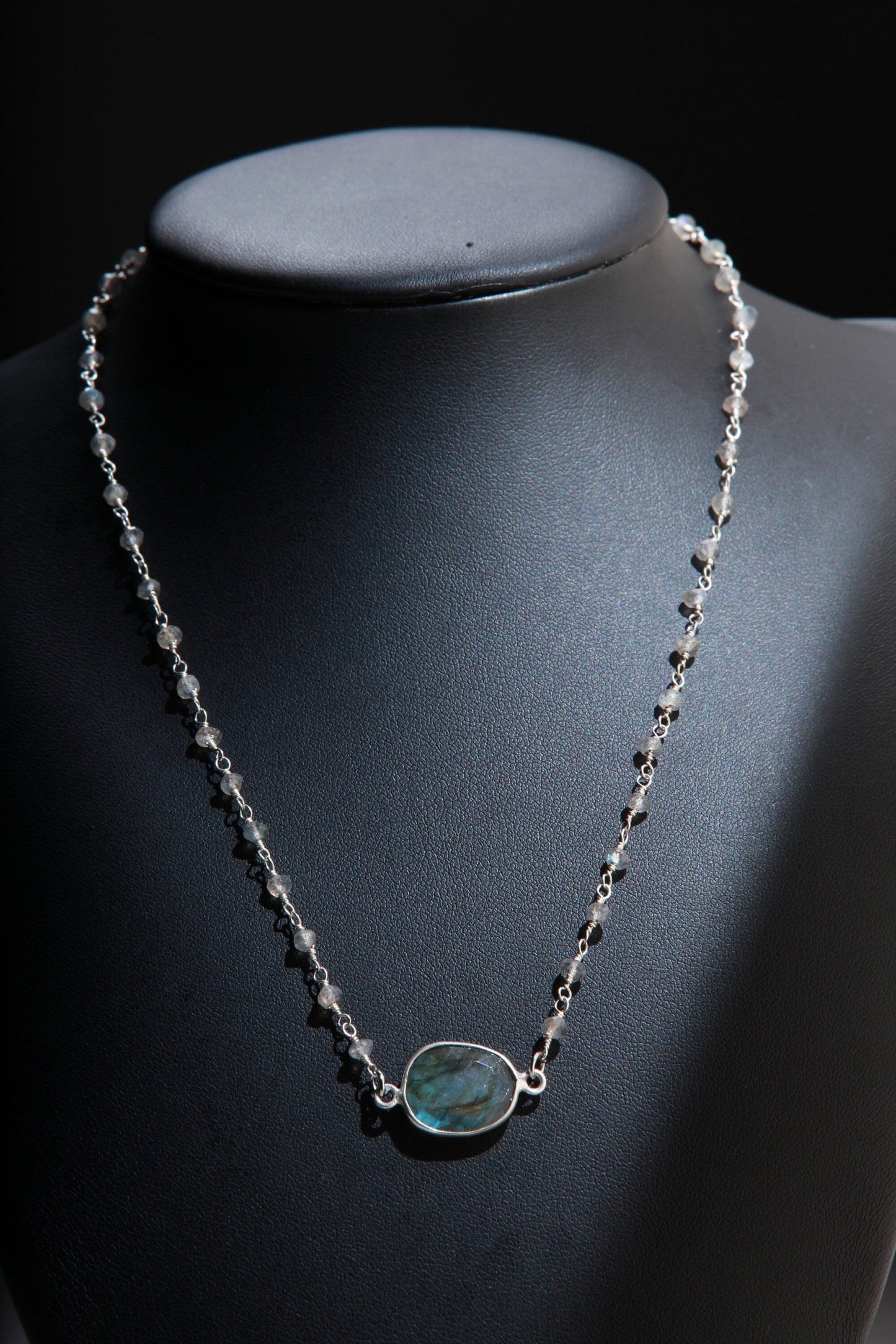 Genuine Labradorite Faceted Free Form Silver Bezel with Labradorite Beaded Rosary Chain 16" Necklace, Healing Gemstone, Jewelry for her