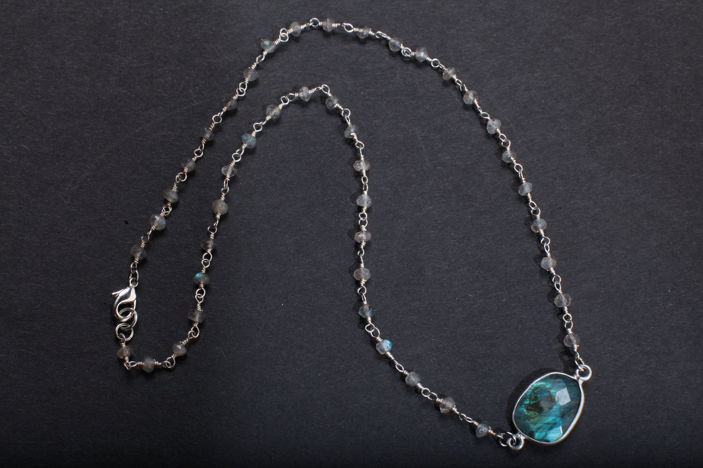Genuine Labradorite Faceted Free Form Silver Bezel with Labradorite Beaded Rosary Chain 16" Necklace, Healing Gemstone, Jewelry for her