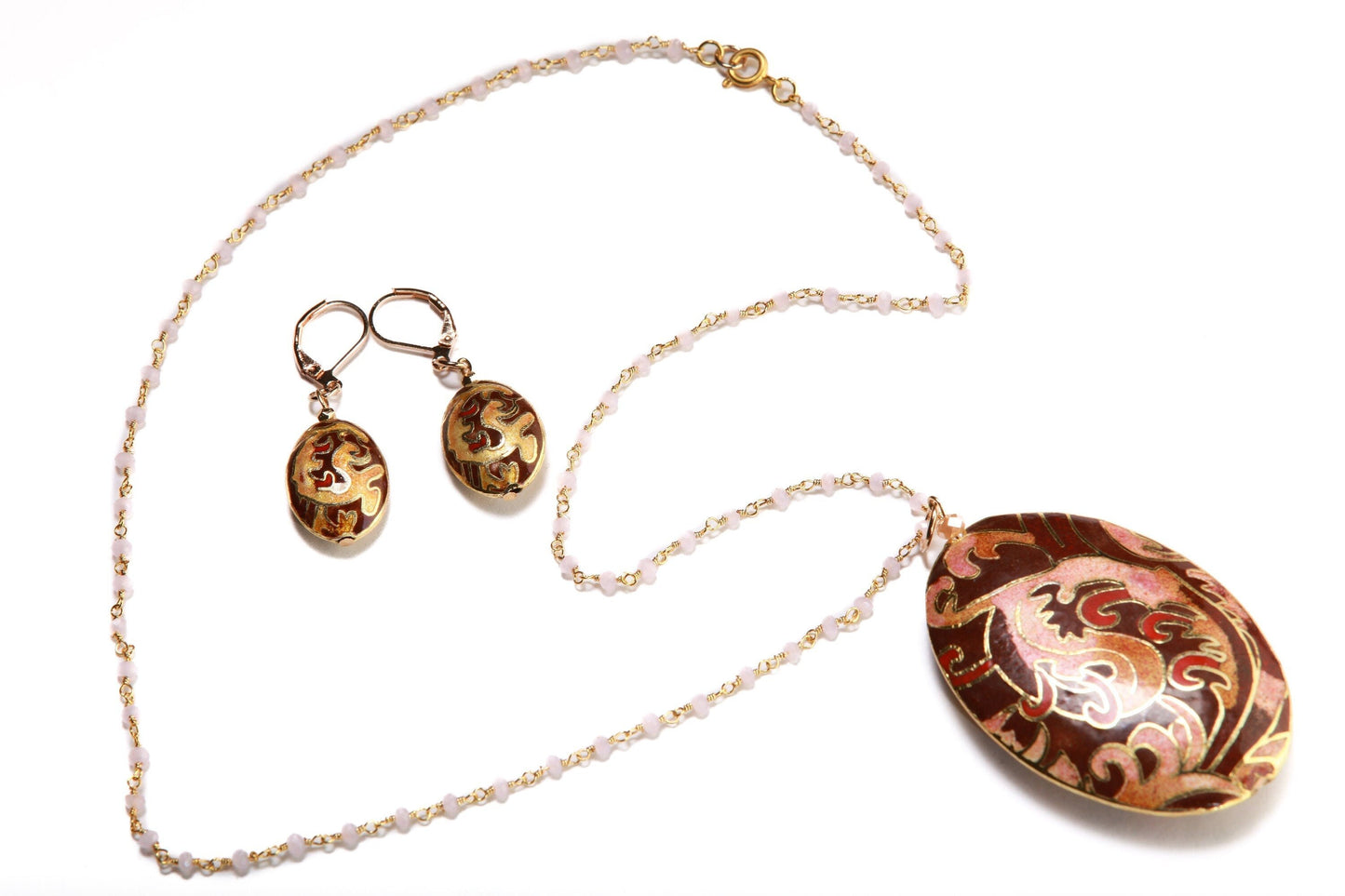 Traditional Cloisonné Pendant Vintage Floral Flowers Focal with Gold Plated Beaded Chain Necklace 20" and matching Leverback Earrings set