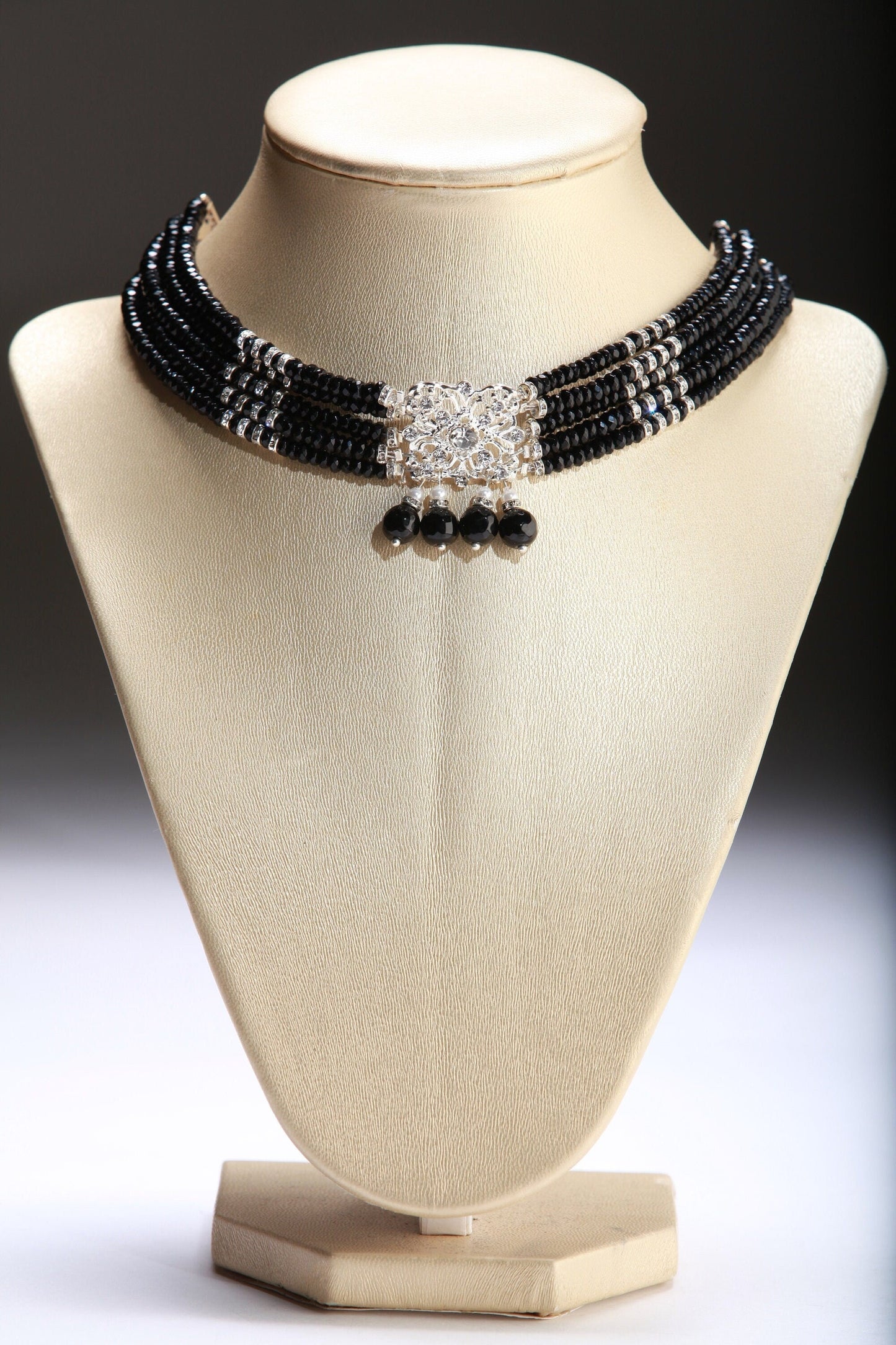 Black Onyx Rhinestones Roundel with Crystal Statement piece and Dangling Onyx Adjustable 5 line Multi Strand Choker 12.5" to 15"